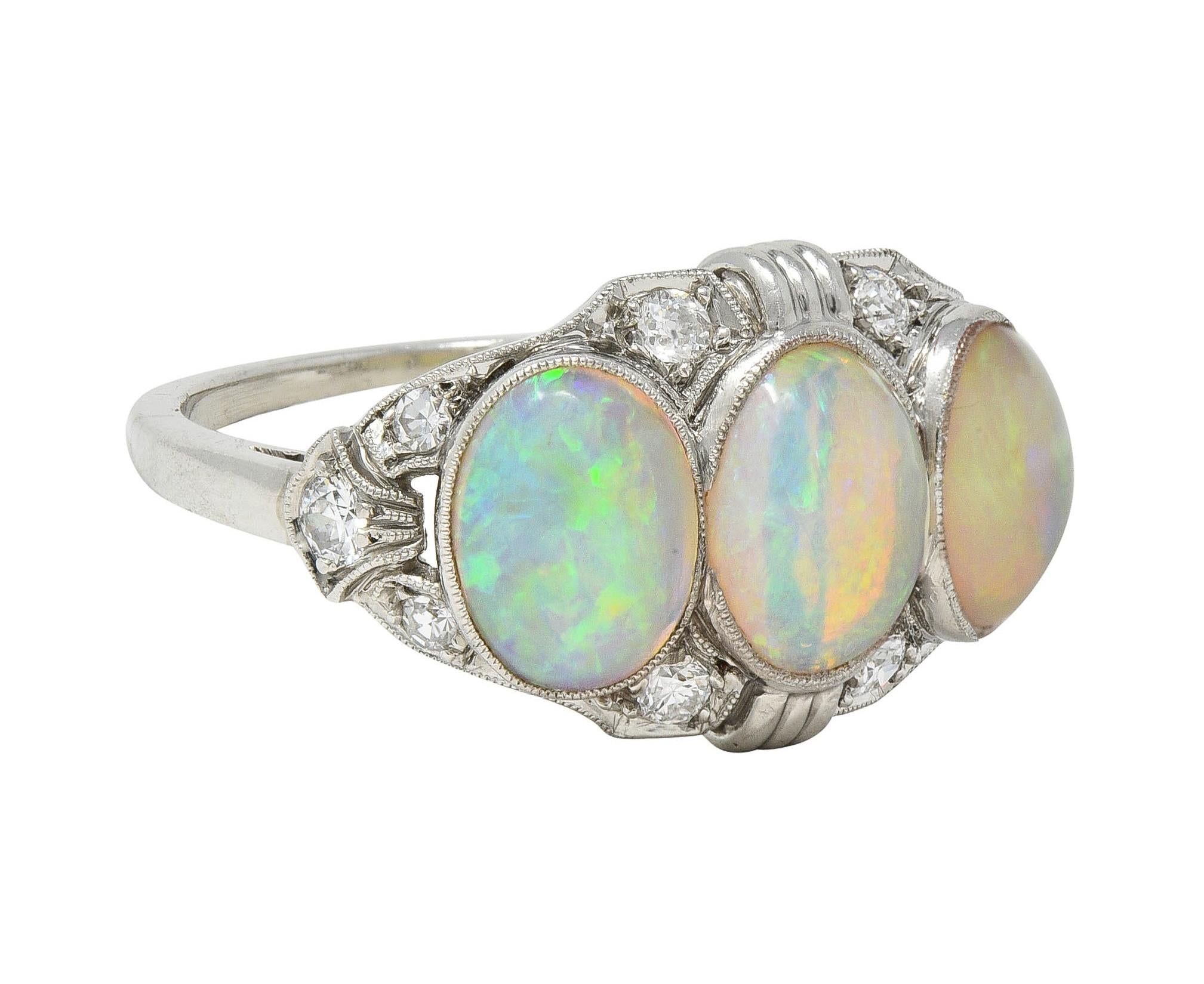 Late Art Deco Opal Cabochon Diamond Platinum Vintage Dinner Band Ring