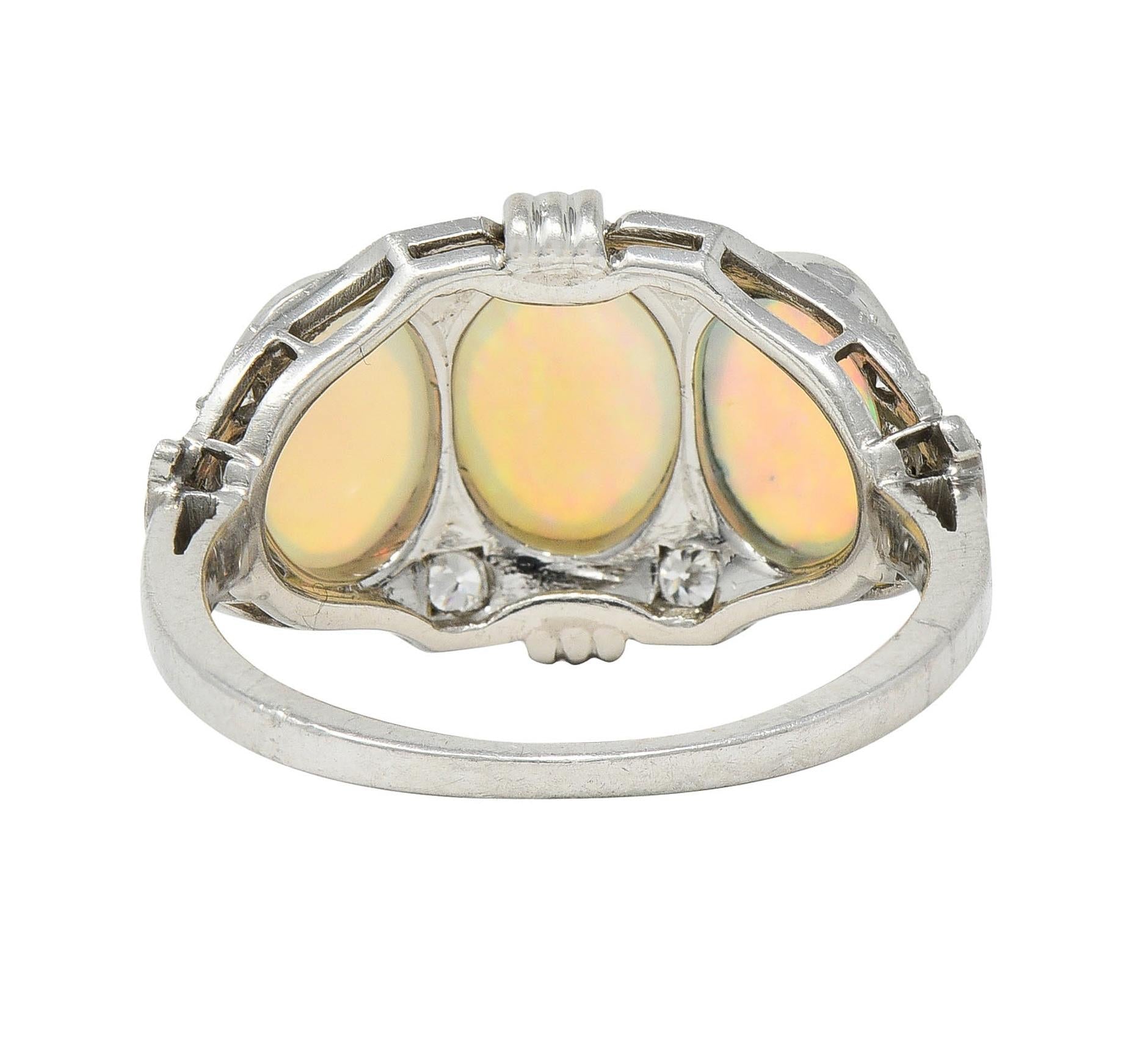 Late Art Deco Opal Cabochon Diamond Platinum Vintage Dinner Band Ring