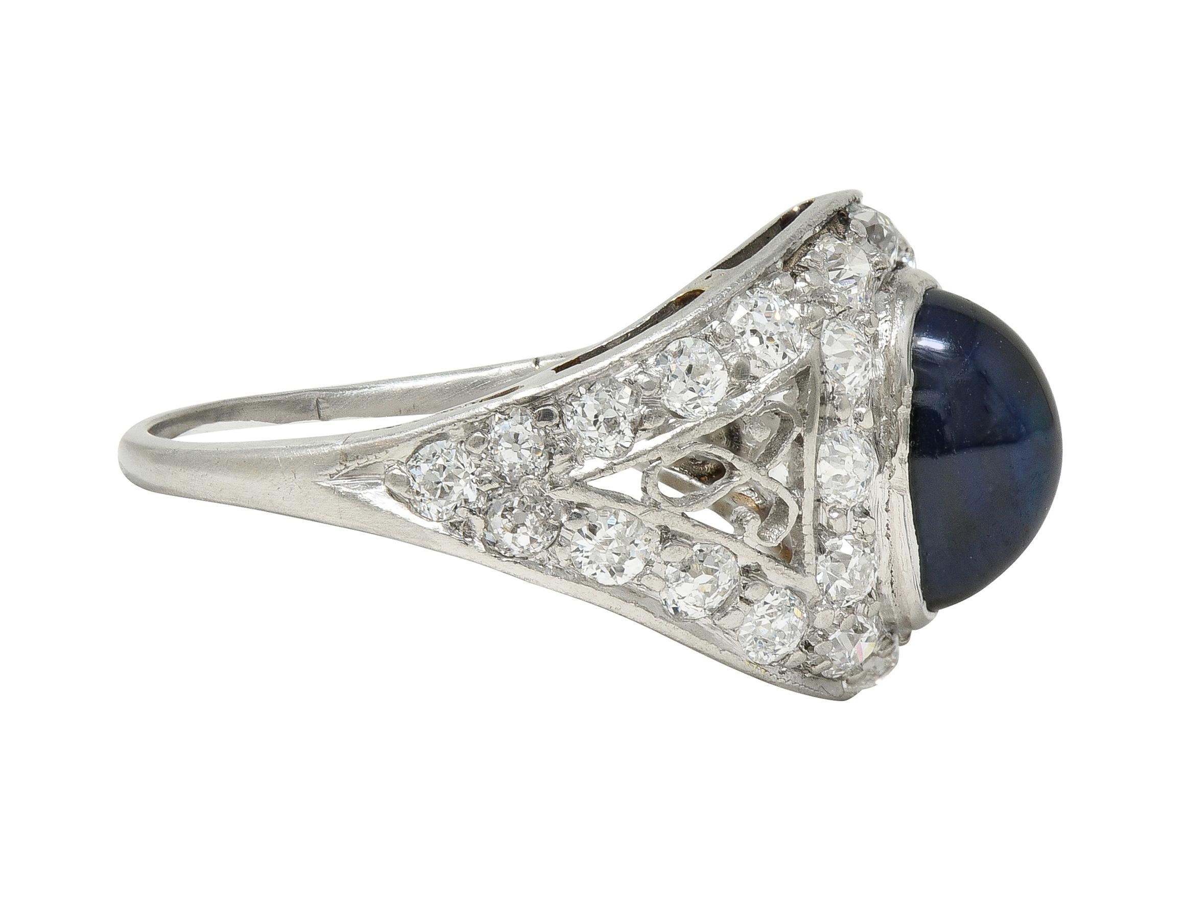 Art Deco Cabochon Sapphire Diamond Platinum Vintage Scrolling Bombé Ring