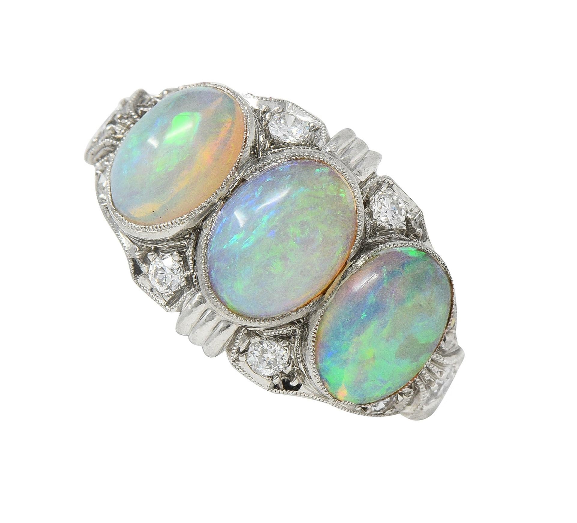 Late Art Deco Opal Cabochon Diamond Platinum Vintage Dinner Band Ring