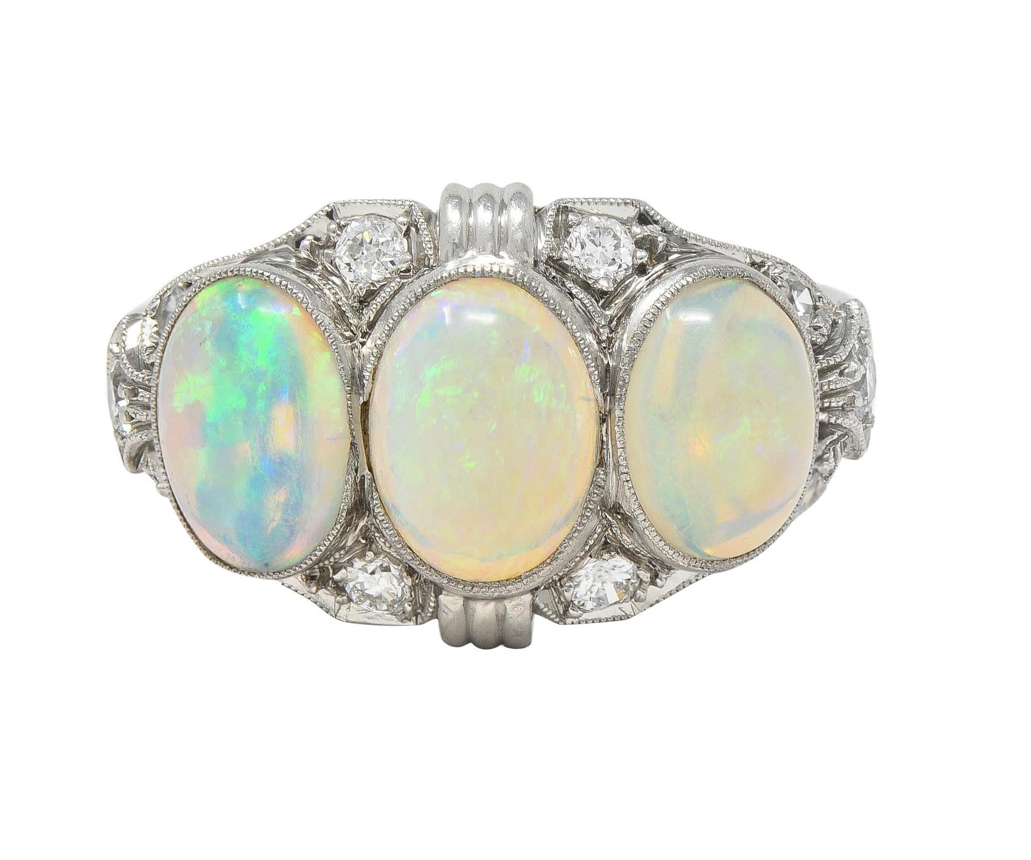 Late Art Deco Opal Cabochon Diamond Platinum Vintage Dinner Band Ring