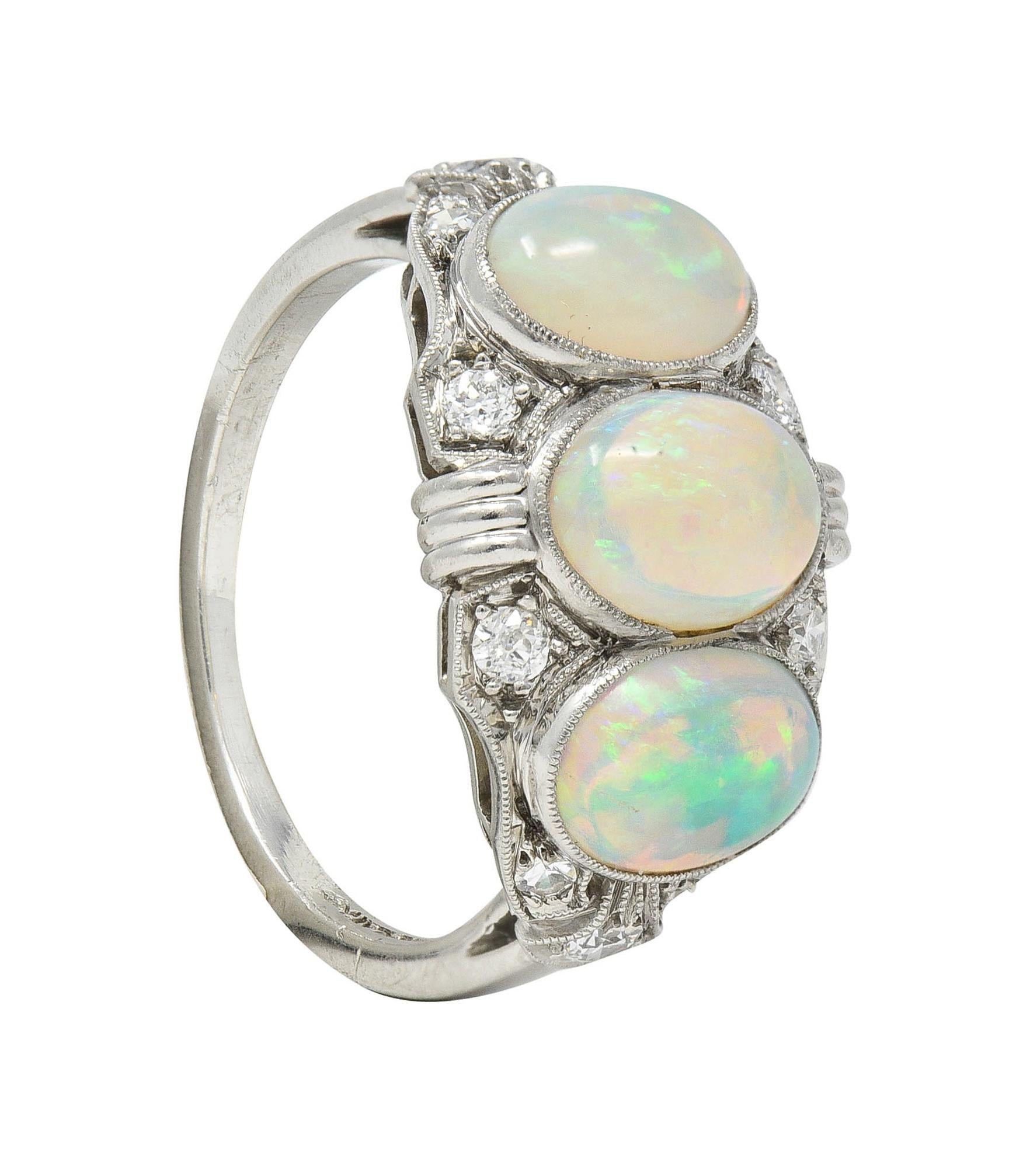 Late Art Deco Opal Cabochon Diamond Platinum Vintage Dinner Band Ring