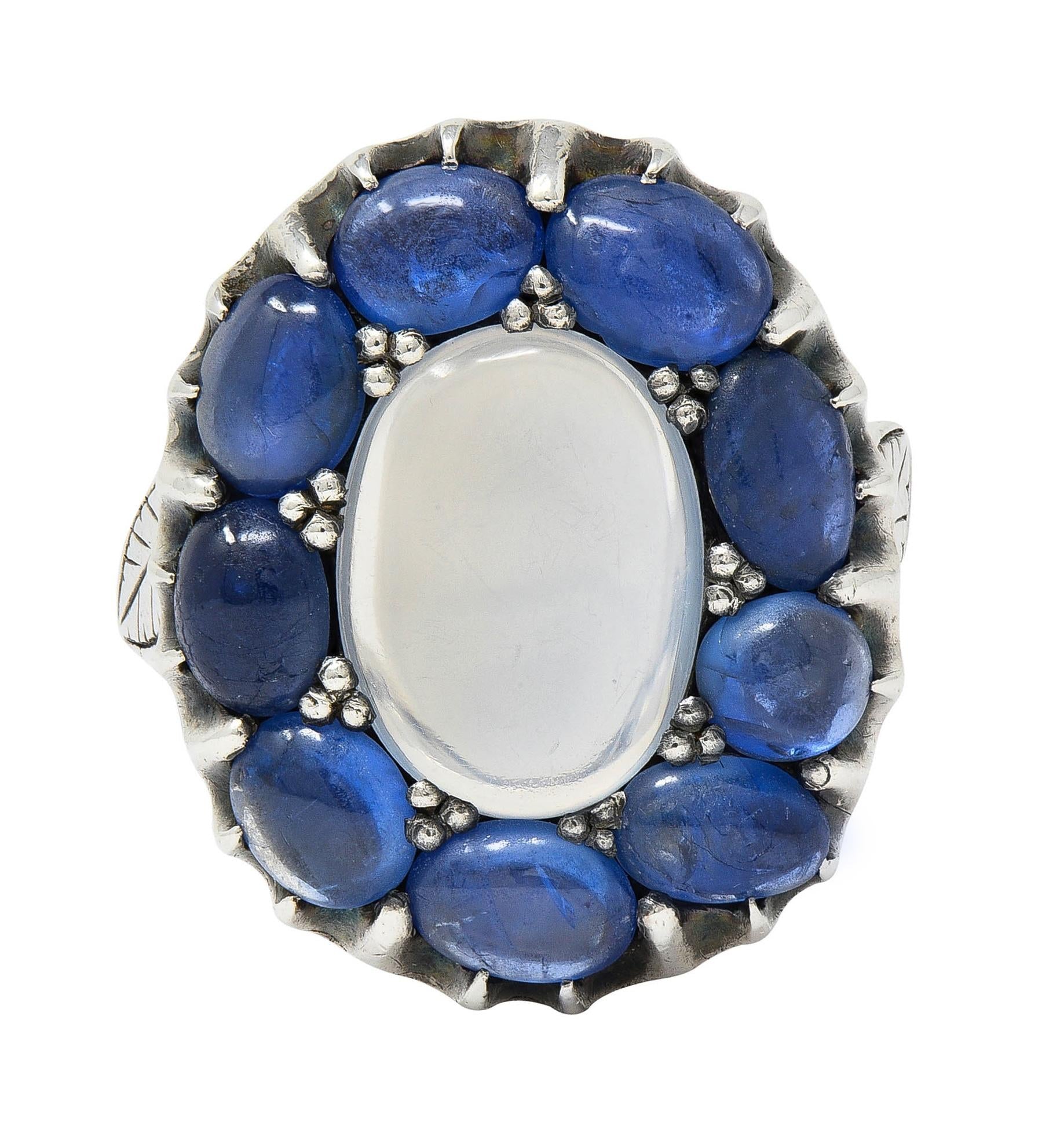 Arts & Crafts 5.85 CTW Sapphire Moonstone Sterling Silver Antique Halo Ring