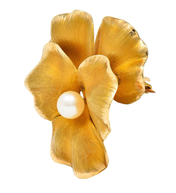 Fisher & Co. Pearl 14 Karat Yellow Gold Vintage Pansy Flower Brooch