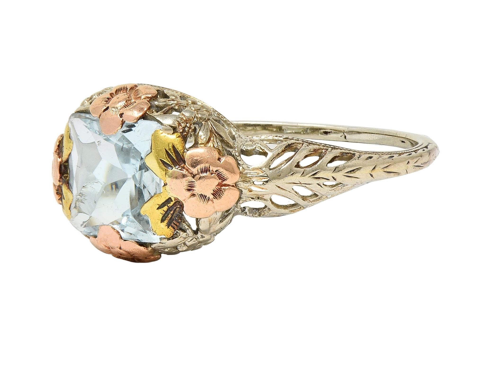 Art Deco 1.20 CTW Aquamarine 14 Karat Tri-Gold Vintage Orange Blossom Ring