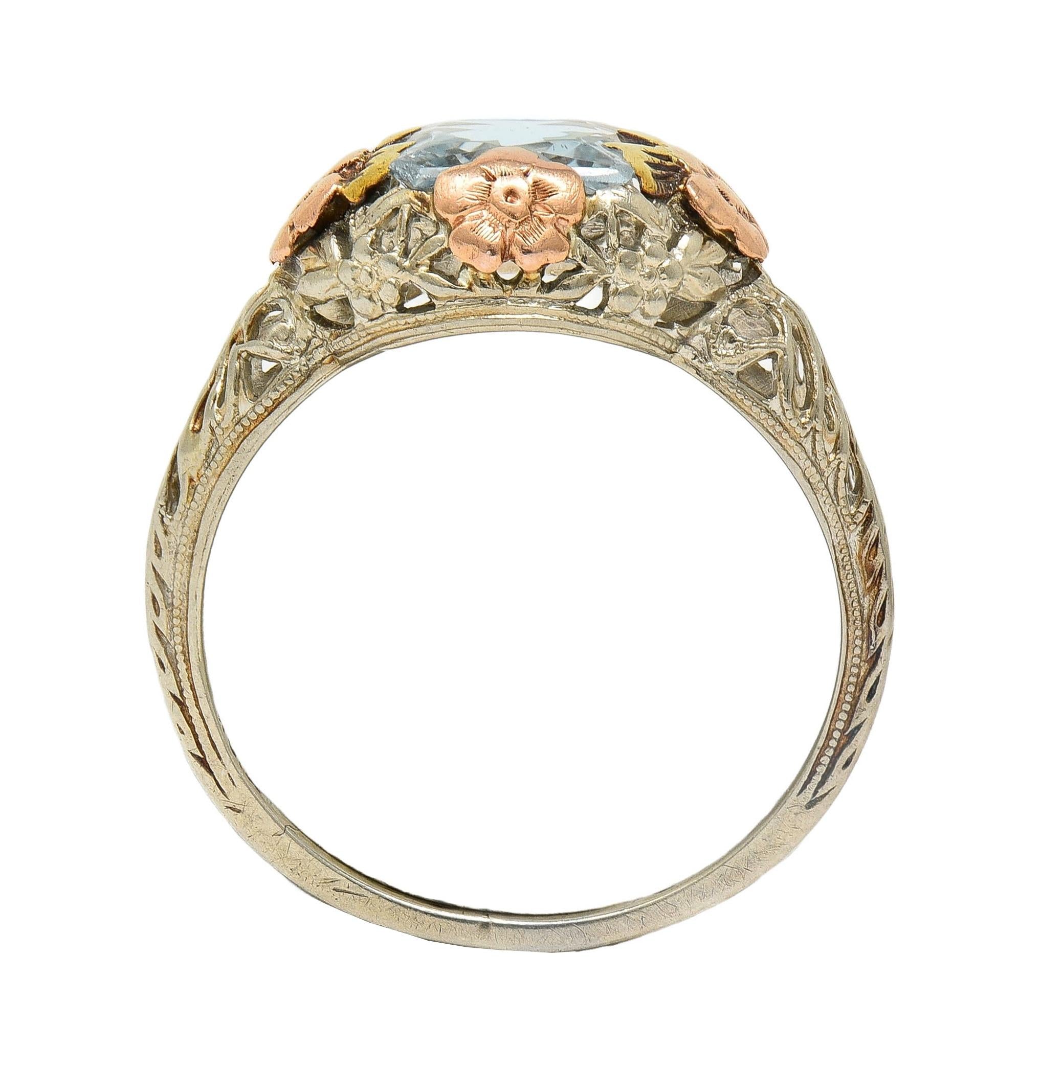 Art Deco 1.20 CTW Aquamarine 14 Karat Tri-Gold Vintage Orange Blossom Ring