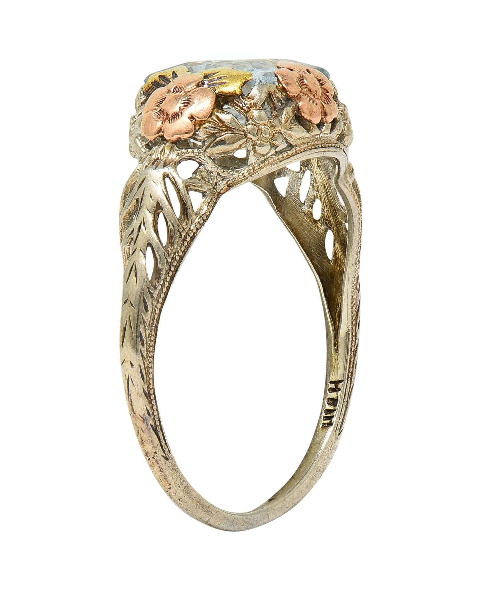 Art Deco 1.20 CTW Aquamarine 14 Karat Tri-Gold Vintage Orange Blossom Ring