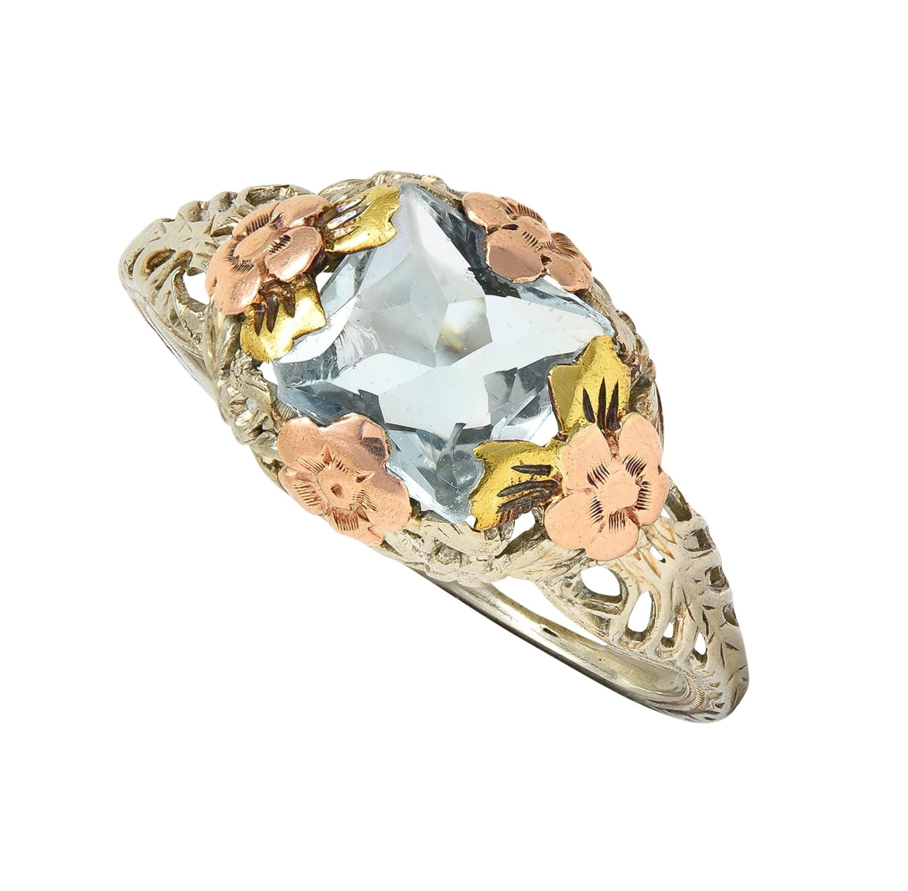 Art Deco 1.20 CTW Aquamarine 14 Karat Tri-Gold Vintage Orange Blossom Ring