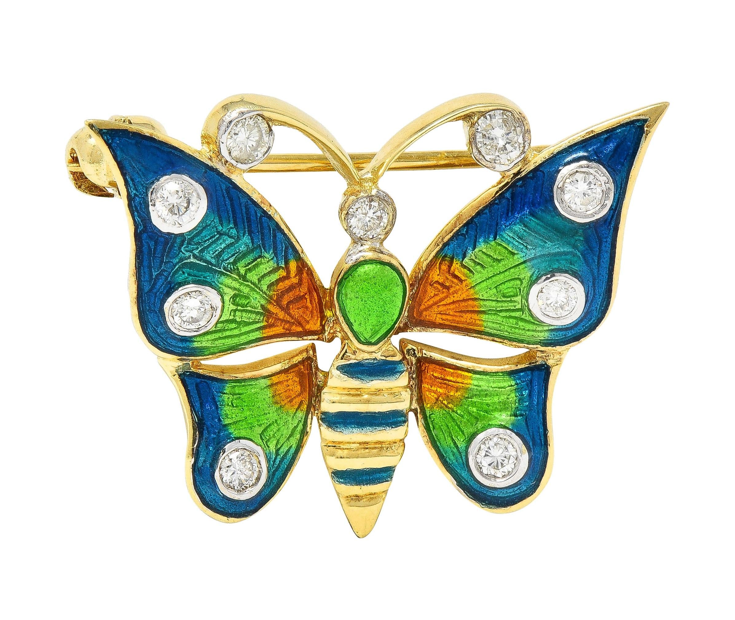 1970's Diamond Enamel 14 Karat Two-Tone Gold Vintage Butterfly Brooch