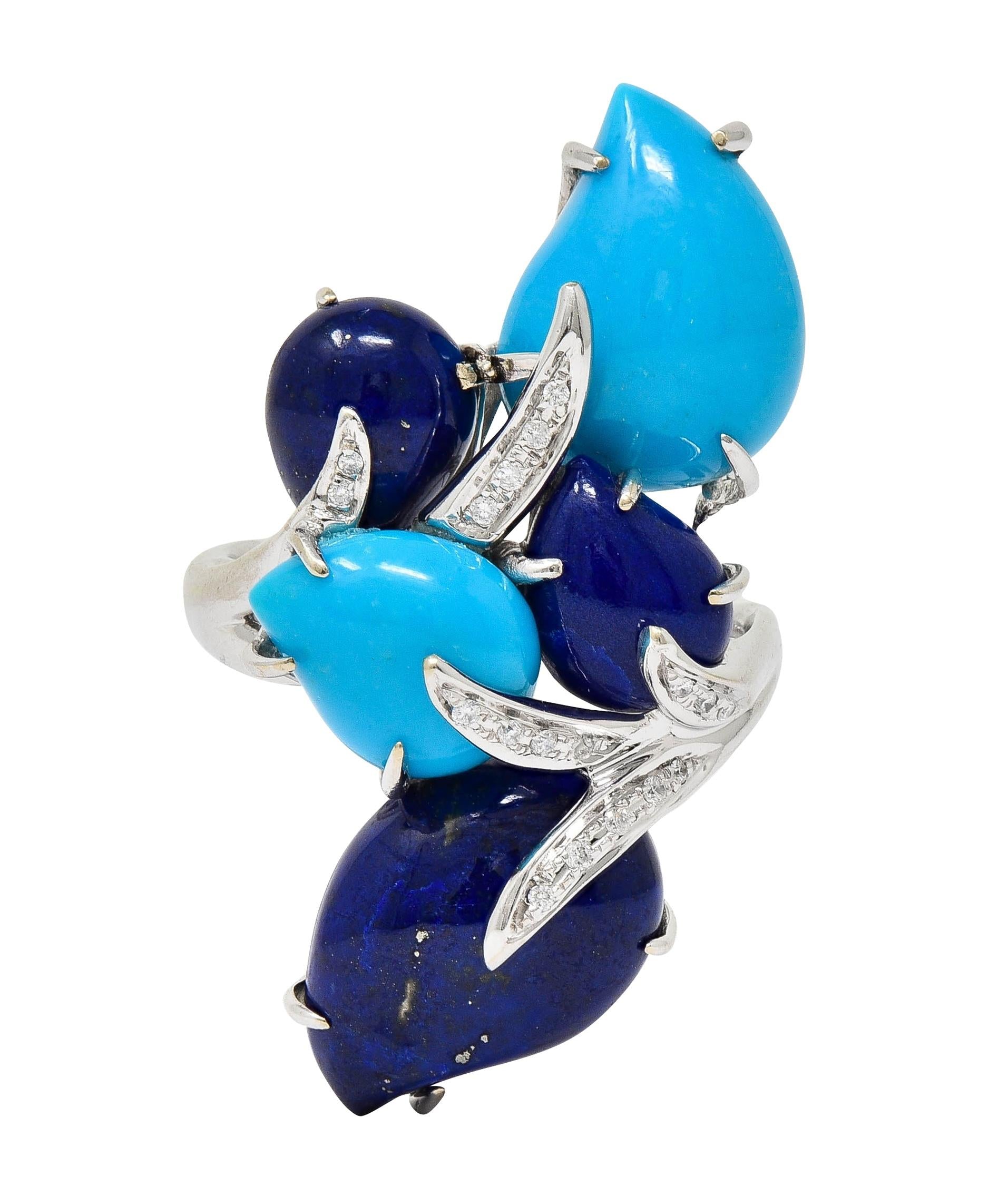 Contemporary Diamond Turquoise Lapis Lazuli 18 Karat White Gold Branch Ring