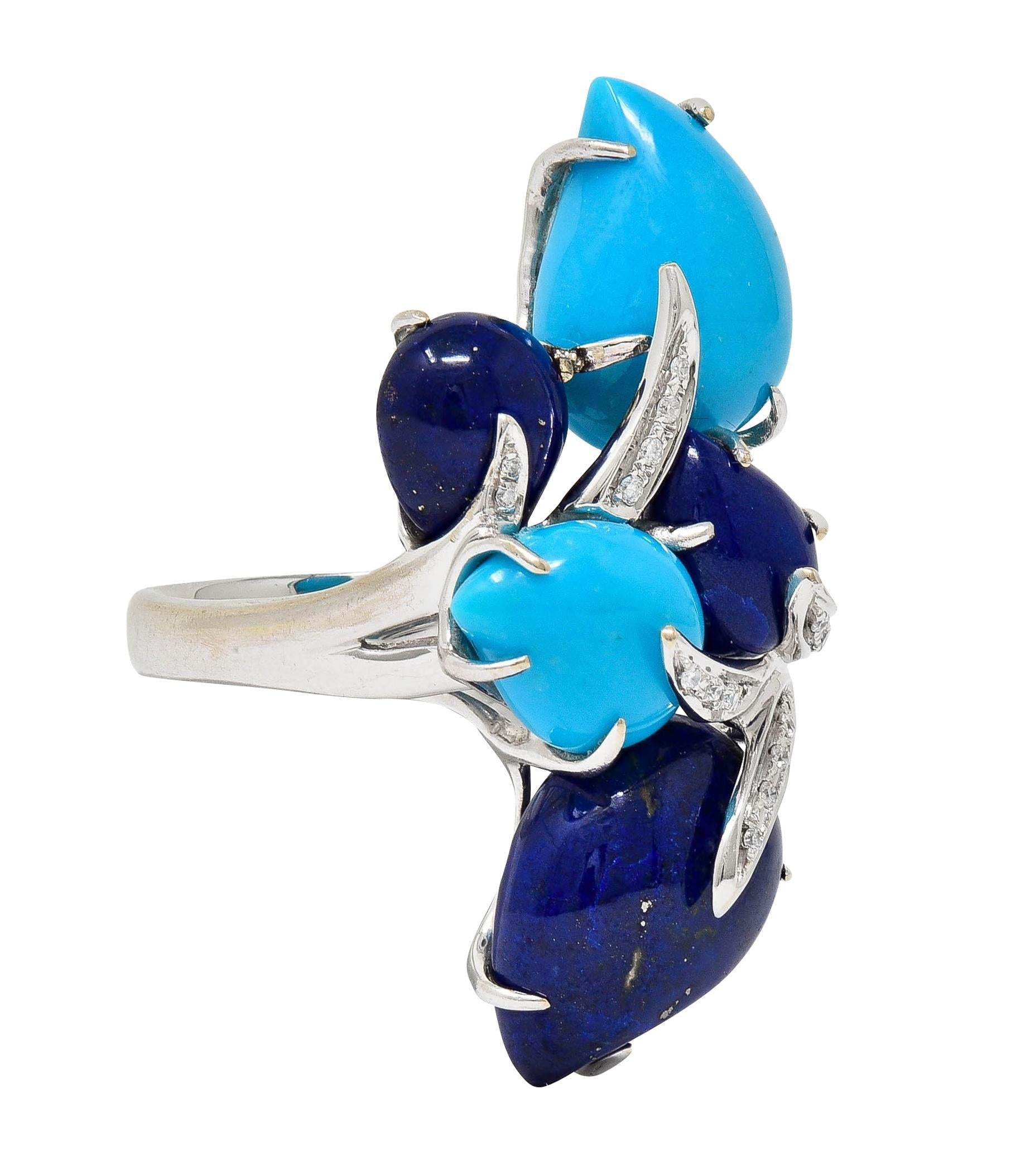 Contemporary Diamond Turquoise Lapis Lazuli 18 Karat White Gold Branch Ring