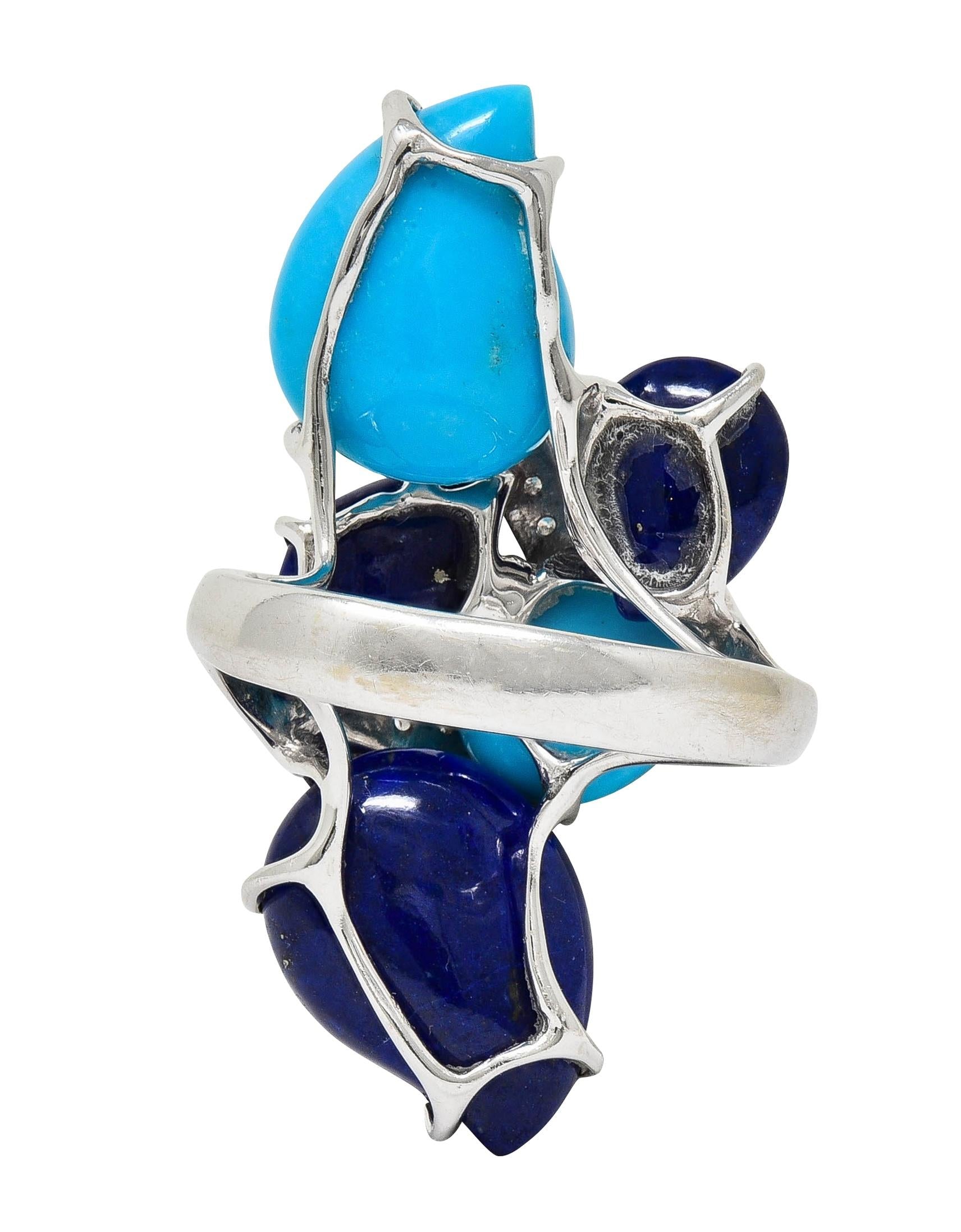 Contemporary Diamond Turquoise Lapis Lazuli 18 Karat White Gold Branch Ring