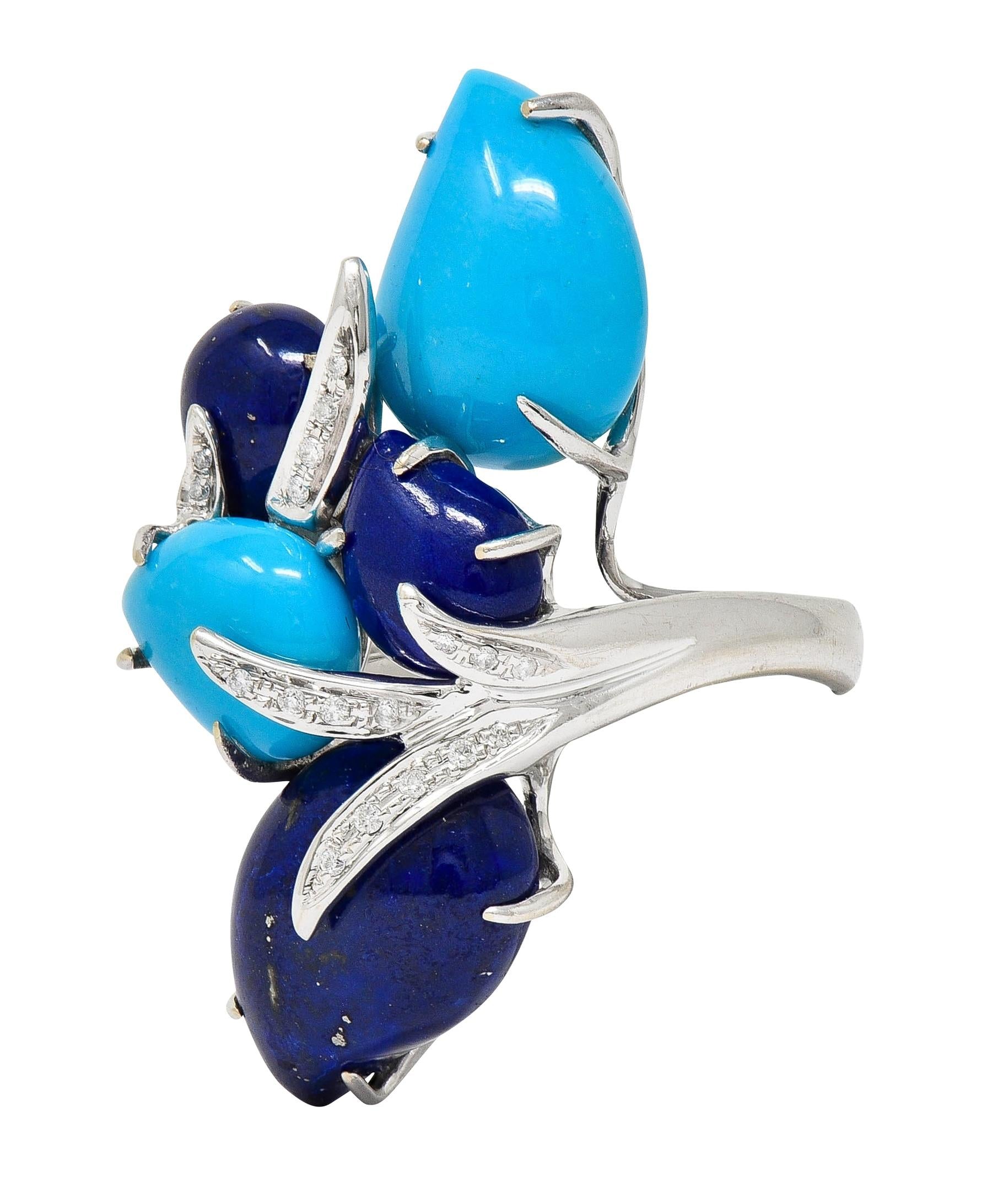 Contemporary Diamond Turquoise Lapis Lazuli 18 Karat White Gold Branch Ring