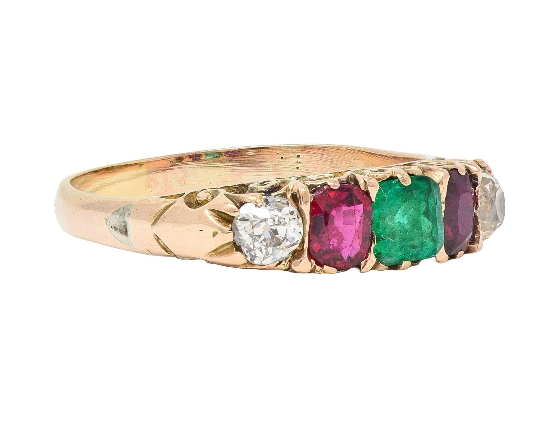 Victorian 1.10 CTW Ruby Emerald Diamond 14 Karat Yellow Gold Antique Band Ring