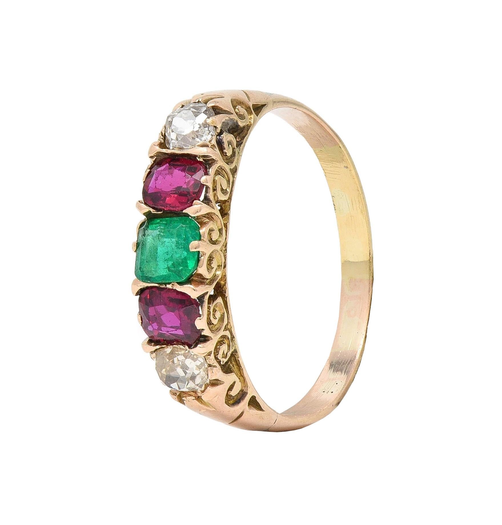 Victorian 1.10 CTW Ruby Emerald Diamond 14 Karat Yellow Gold Antique Band Ring