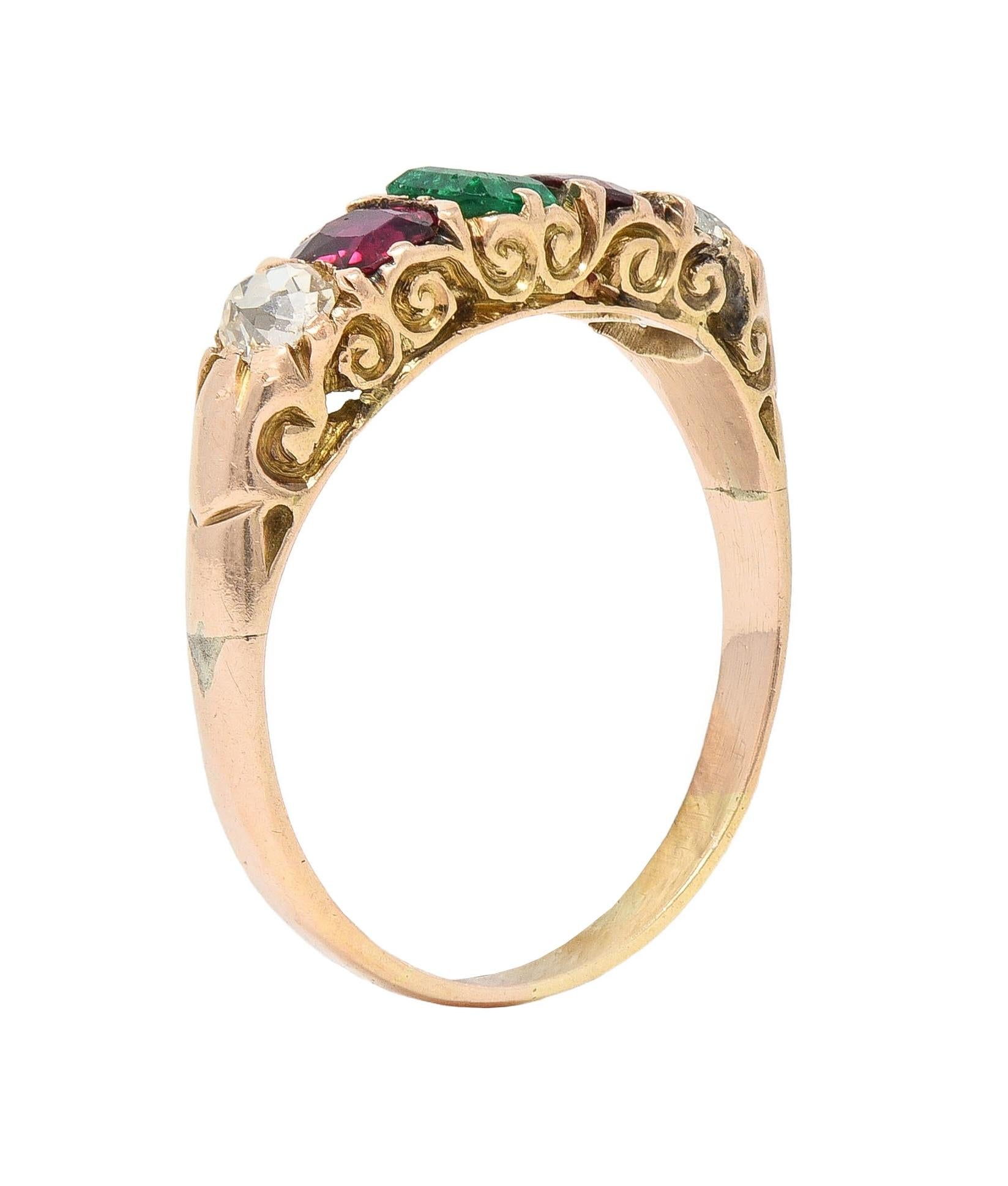 Victorian 1.10 CTW Ruby Emerald Diamond 14 Karat Yellow Gold Antique Band Ring