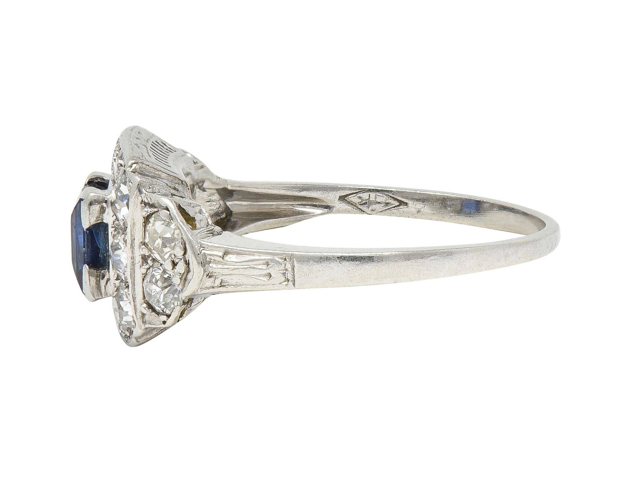 Art Deco 1.38 CTW Sapphire Diamond Platinum Vintage Cluster Ring