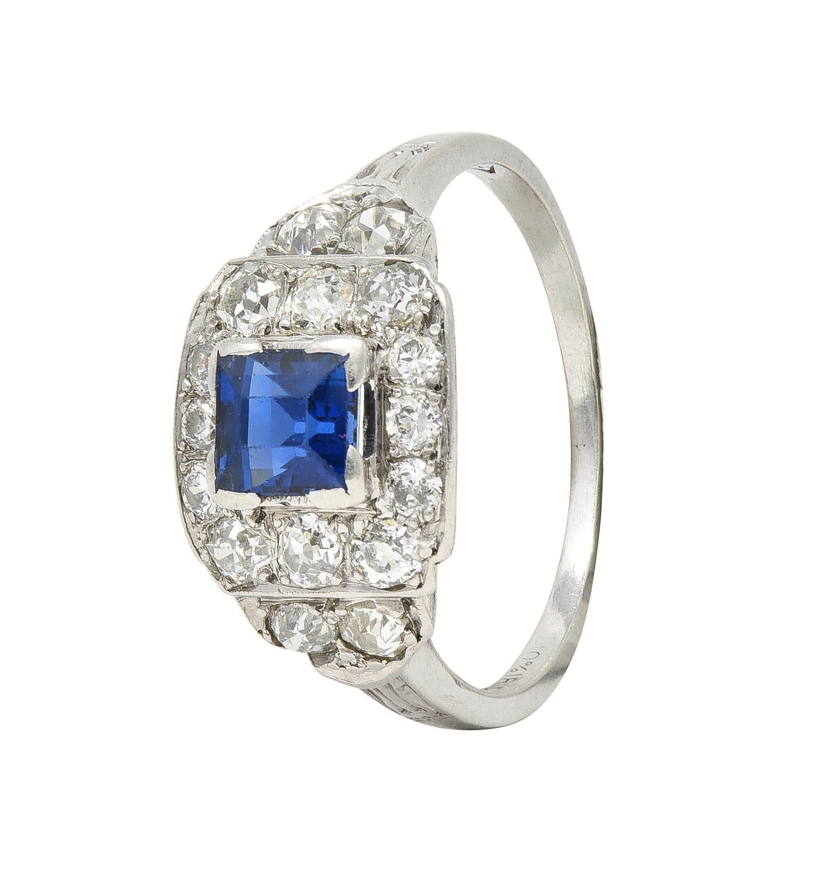 Art Deco 1.38 CTW Sapphire Diamond Platinum Vintage Cluster Ring