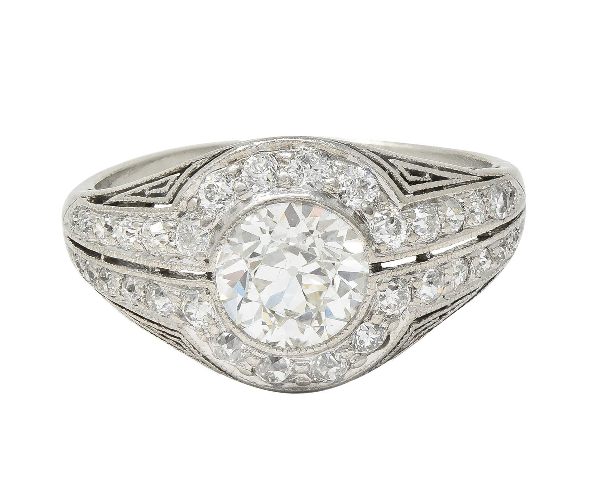 J.E. Caldwell Art Deco Diamond Platinum Greek Key Antique Bombé Engagement Ring