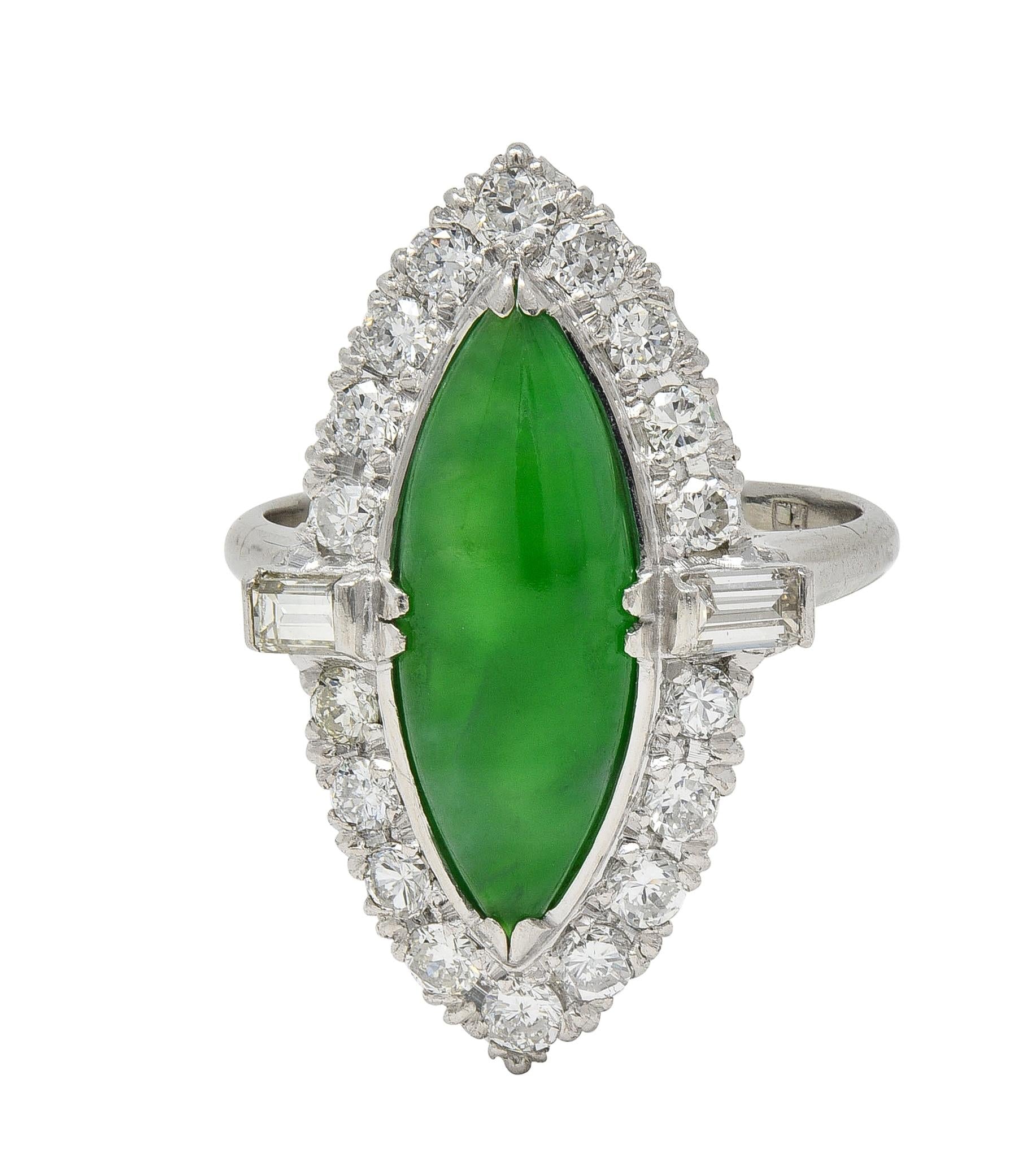 Mid-Century Jade Diamond Platinum Vintage Navette Halo Ring
