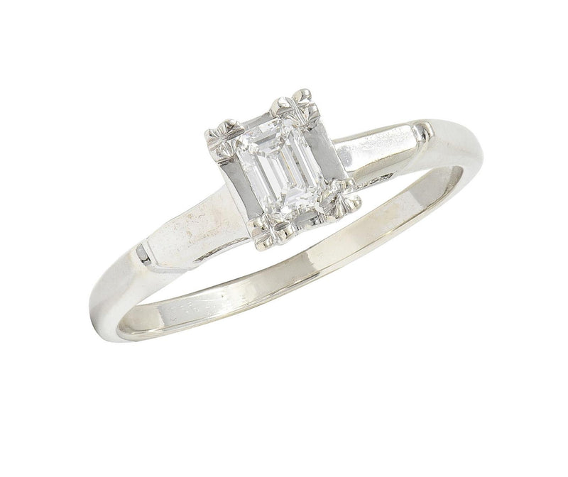 Mid-Century Emerald Cut Diamond Platinum 14K White Gold Vintage Engagement Ring