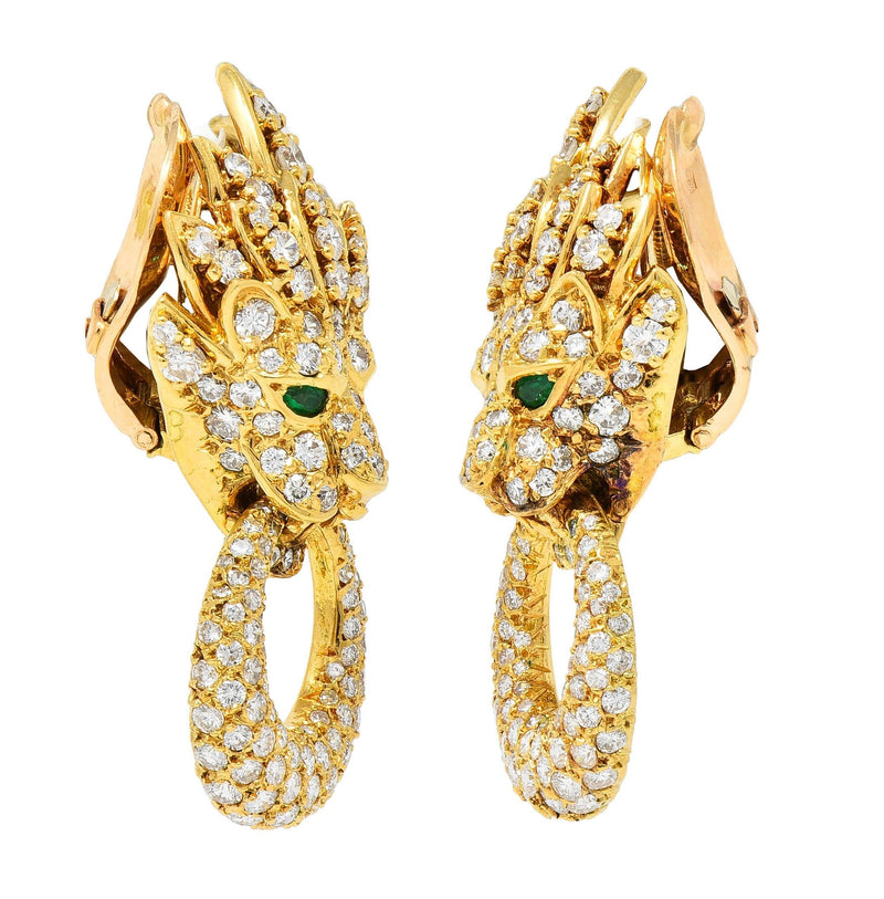 Van Cleef & Arpels L'Enfant Emerald Diamond 18K Gold Lion Door Knocker Earrings