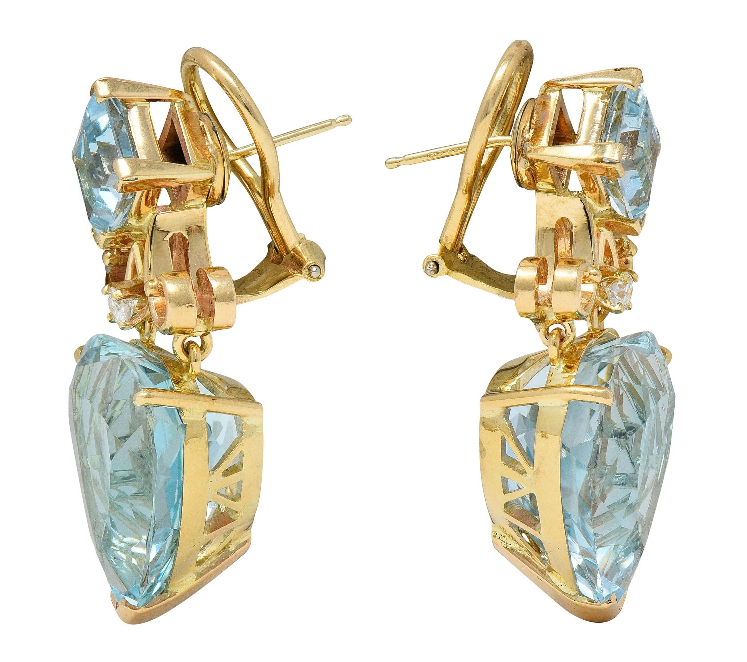 37.52 CTW Aquamarine Diamond 14 Karat Yellow Gold Heart Drop Earrings