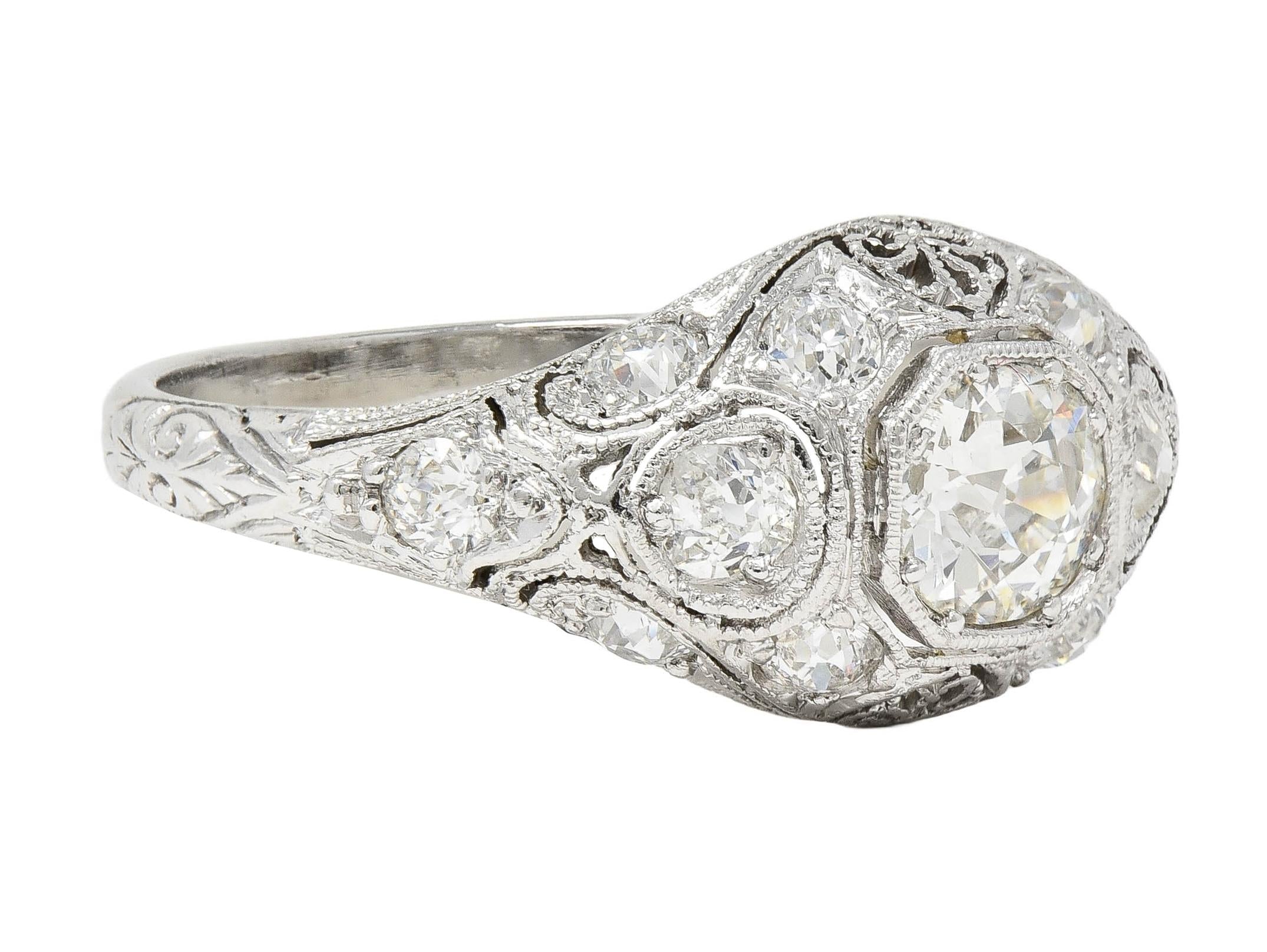 Art Deco 1.50 CTW Old European Diamond Platinum Foliate Vintage Engagement Ring