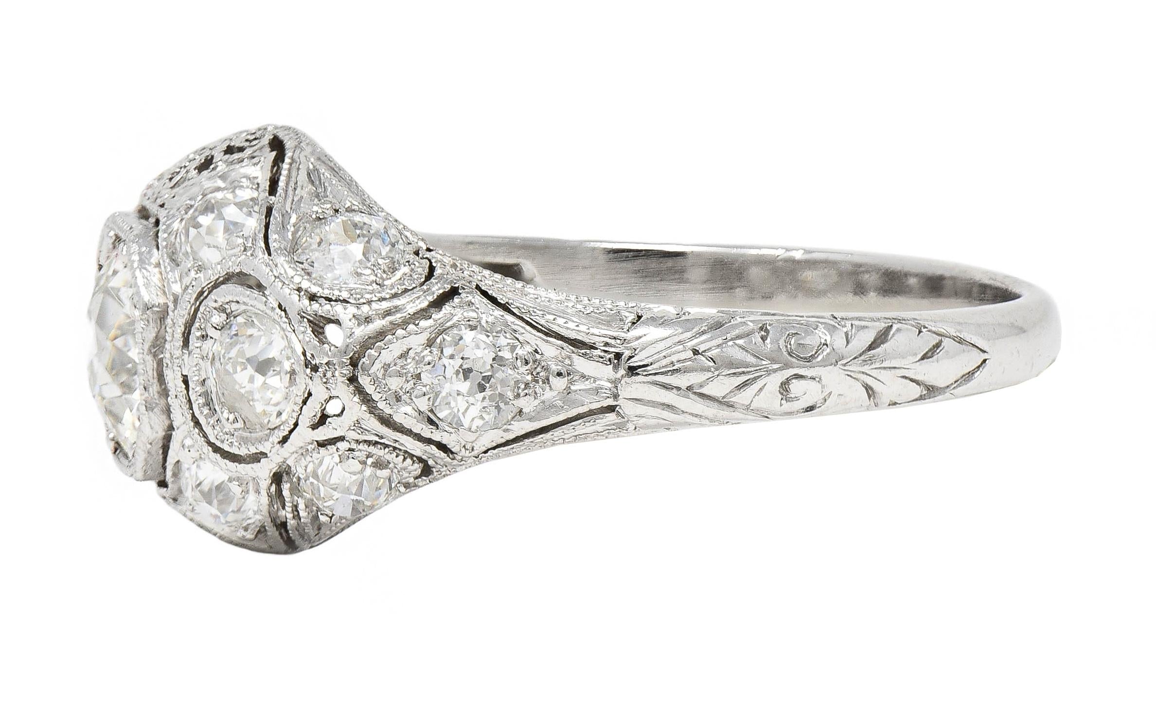 Art Deco 1.50 CTW Old European Diamond Platinum Foliate Vintage Engagement Ring