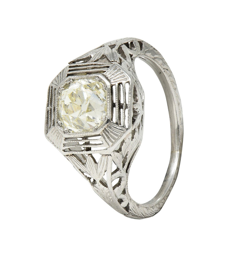 Art Deco 0.87 CTW Old Mine Cut Diamond Platinum Lotus Vintage Engagement Ring