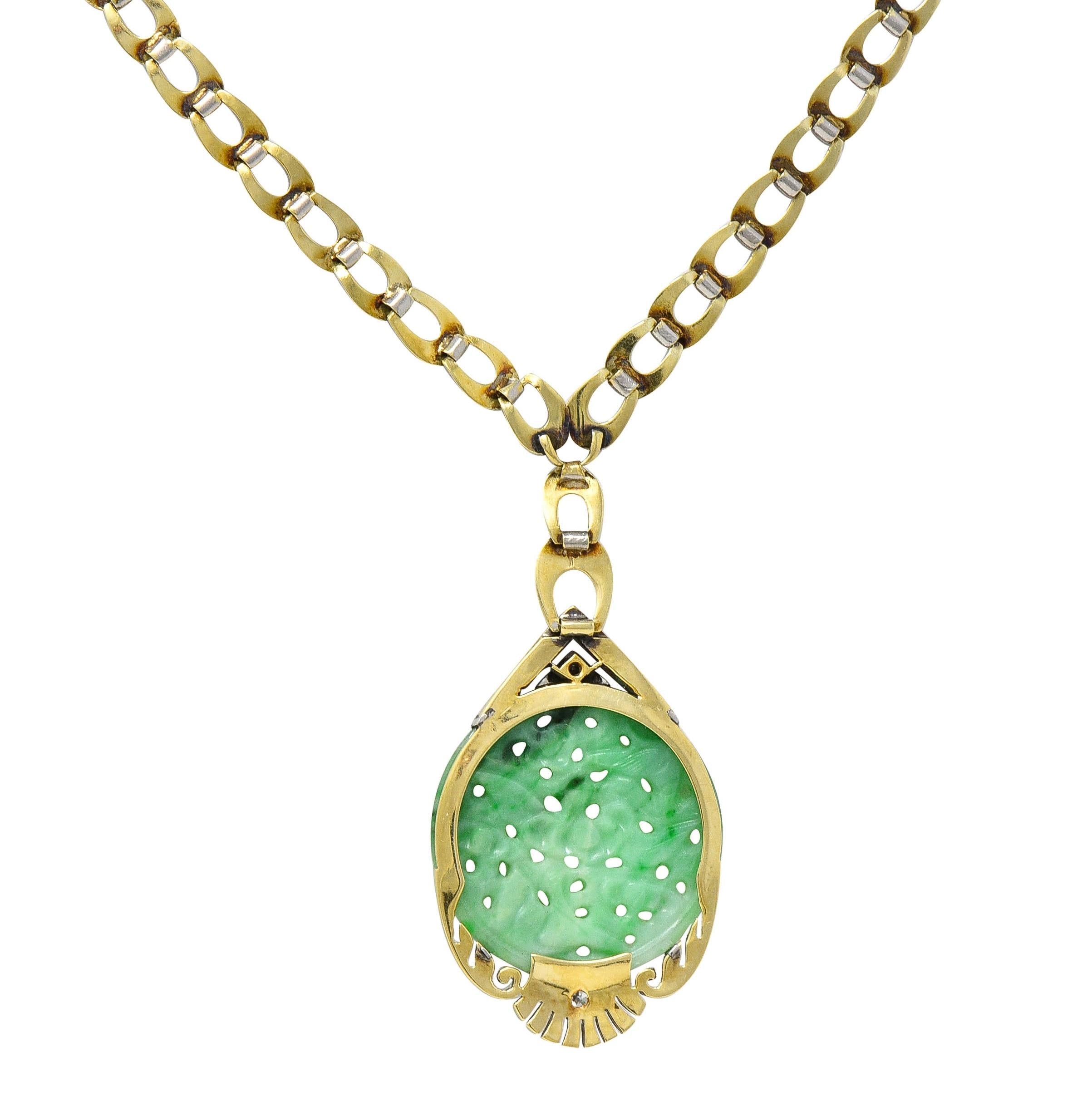 Art Deco Jade Diamond Platinum 14 Karat Gold Bird Drop Antique Necklace