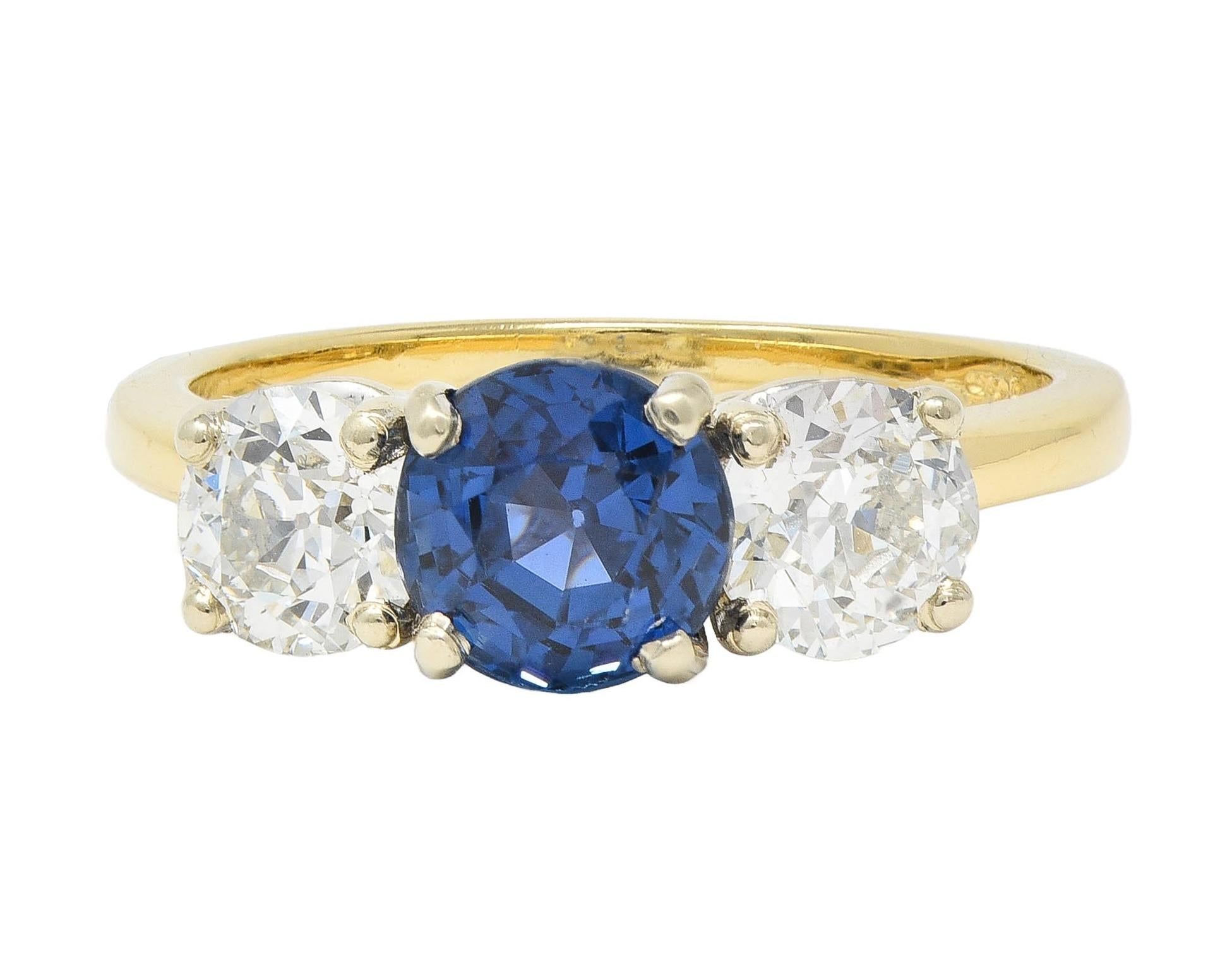 1990's 2.59 CTW No Heat Yogo Sapphire Diamond 14 Karat Gold Three Stone Ring GIA