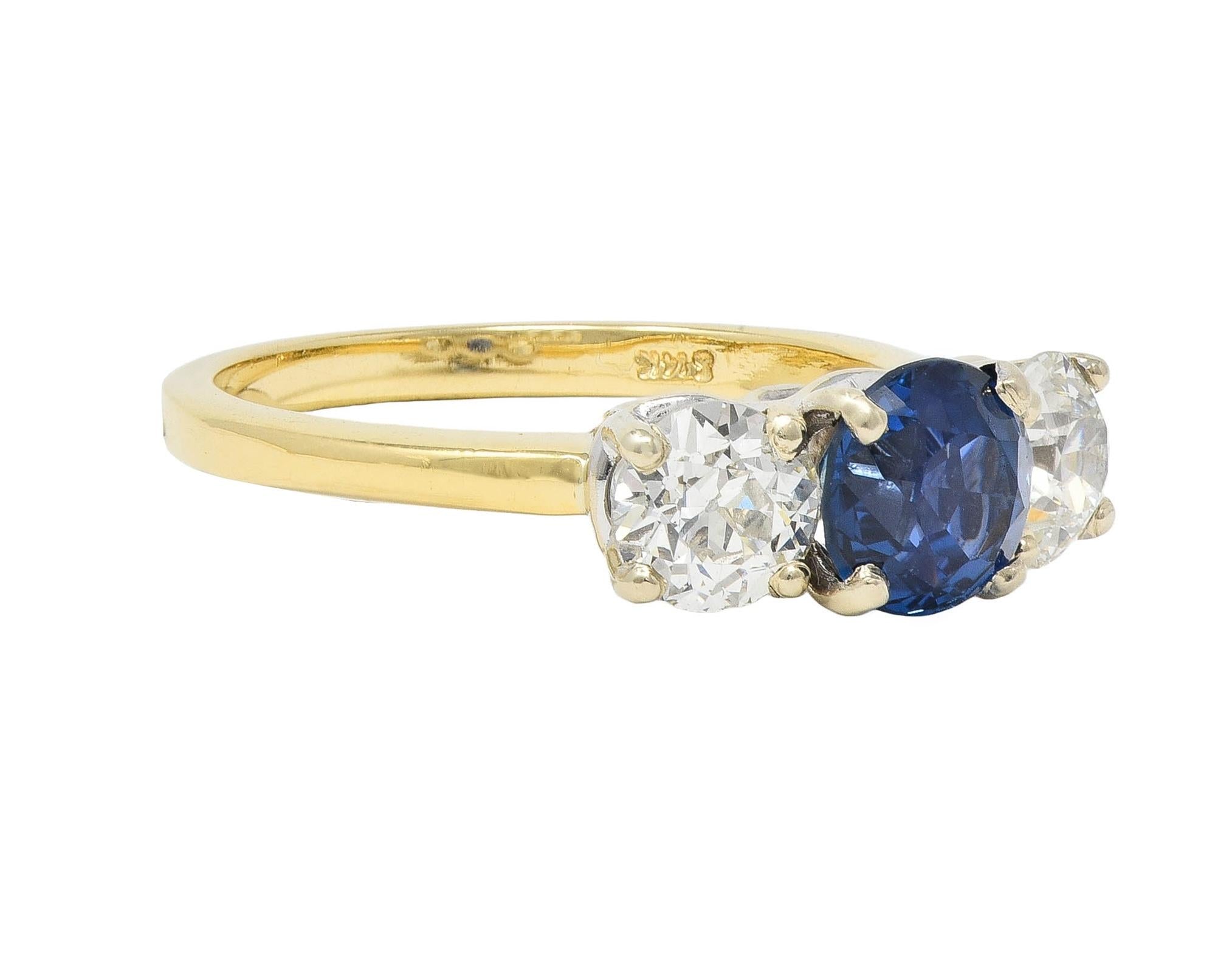 1990's 2.59 CTW No Heat Yogo Sapphire Diamond 14 Karat Gold Three Stone Ring GIA