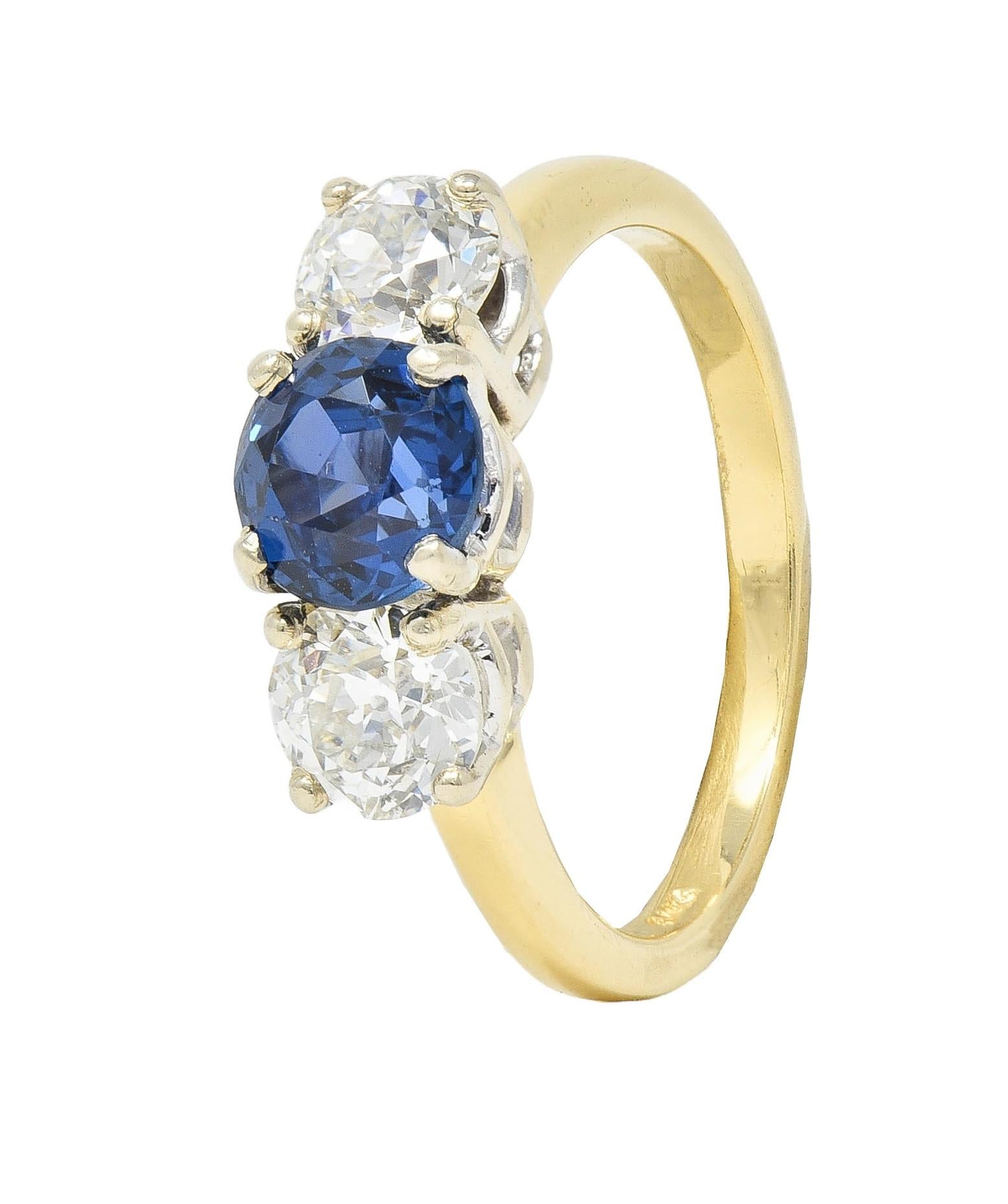 1990's 2.59 CTW No Heat Yogo Sapphire Diamond 14 Karat Gold Three Stone Ring GIA