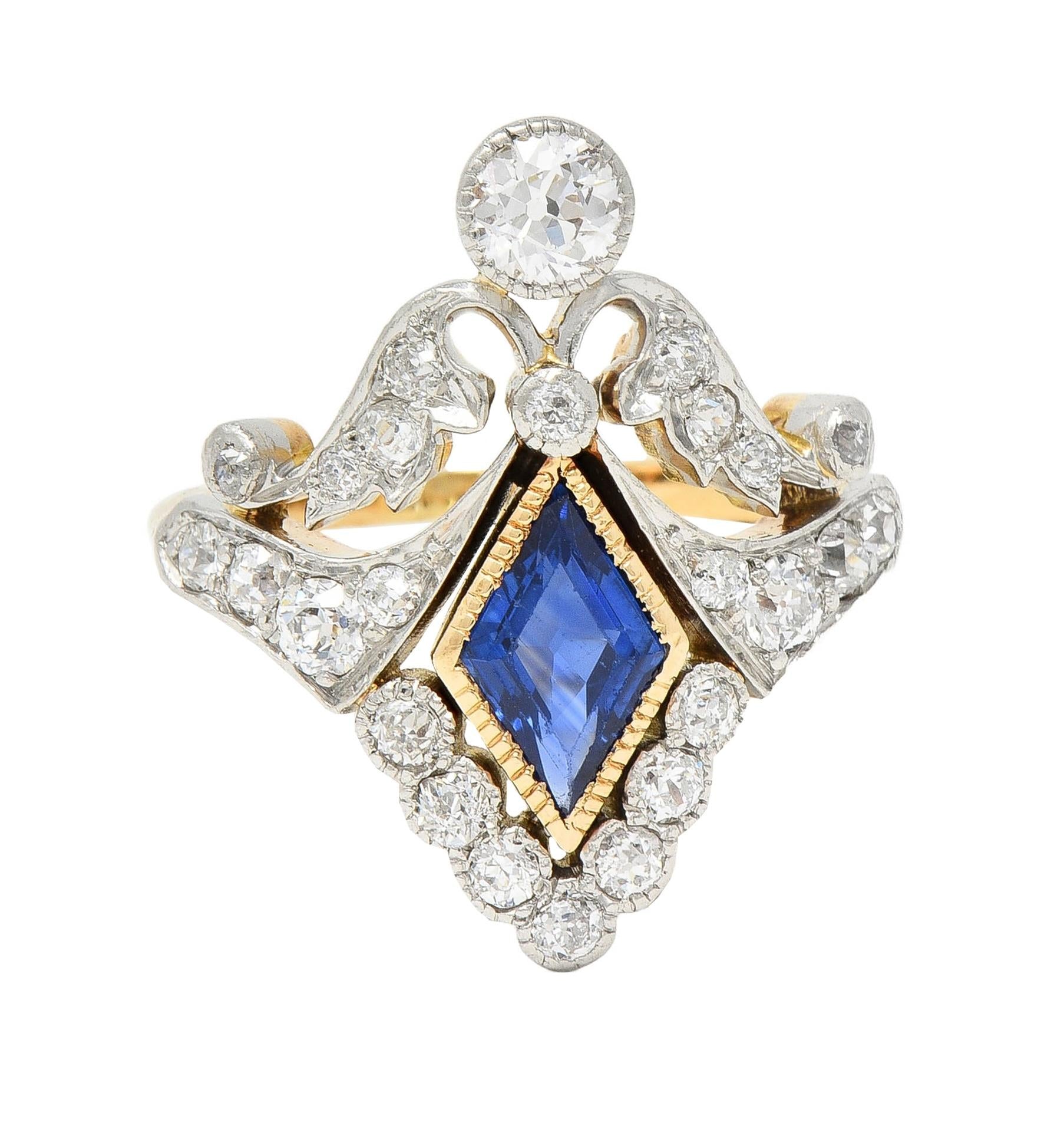 Belle Epoqué 1.32 CTW Sapphire Diamond Platinum 14K Gold Antique Navette Ring