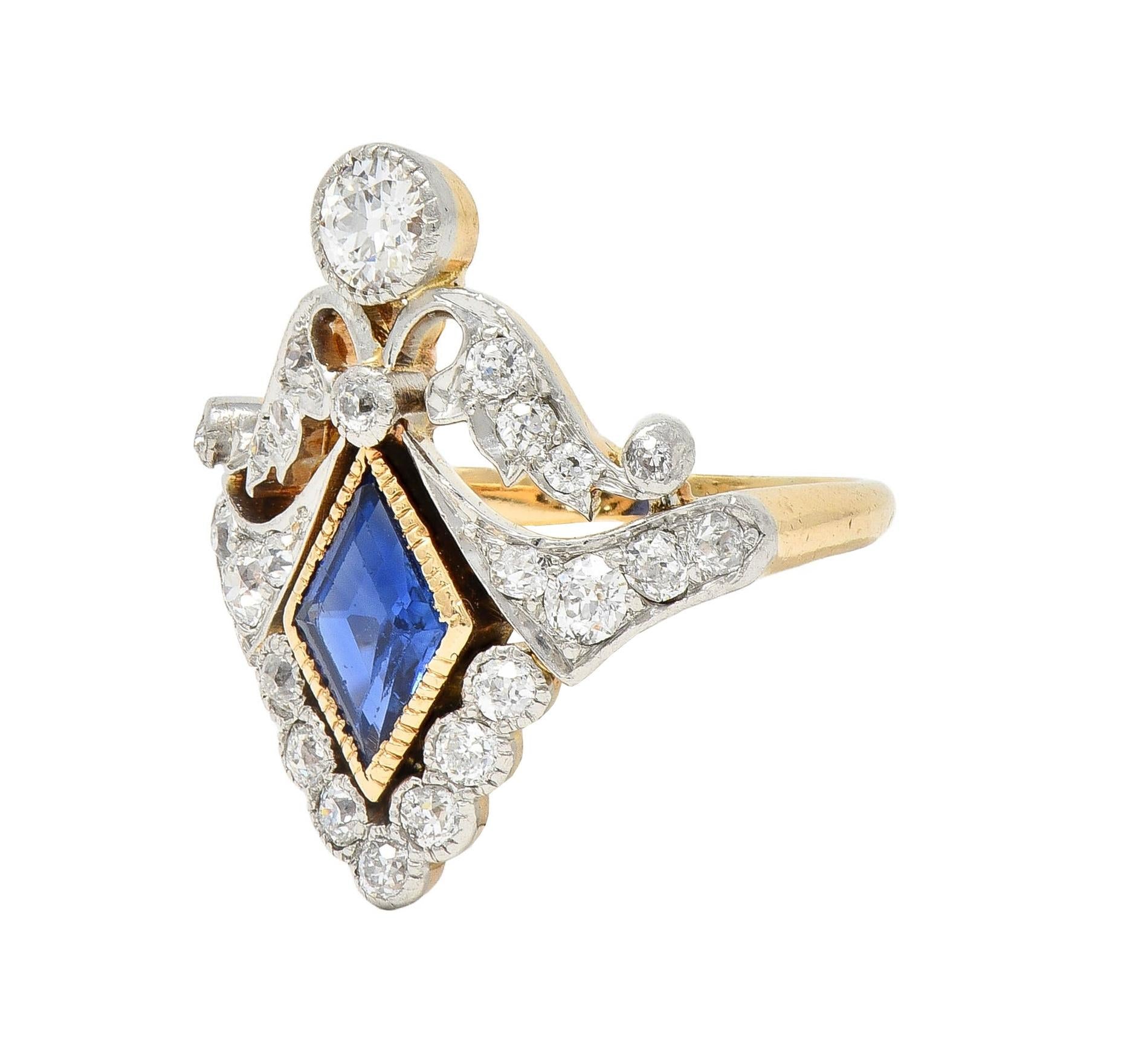 Belle Epoqué 1.32 CTW Sapphire Diamond Platinum 14K Gold Antique Navette Ring