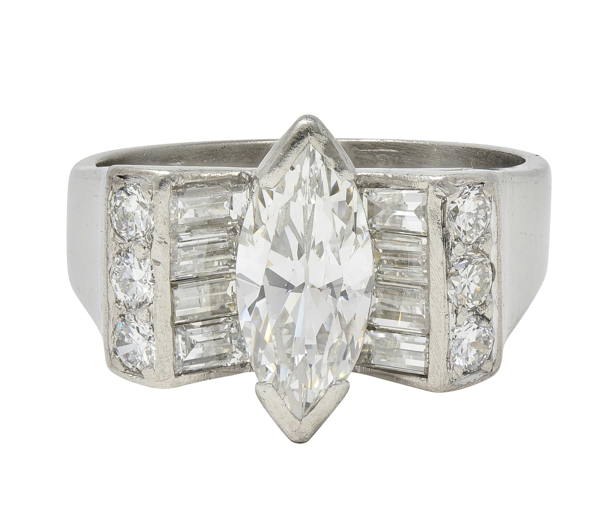 Mid-Century 2.05 CTW Marquise Diamond Platinum Vintage Bow Fashion Ring