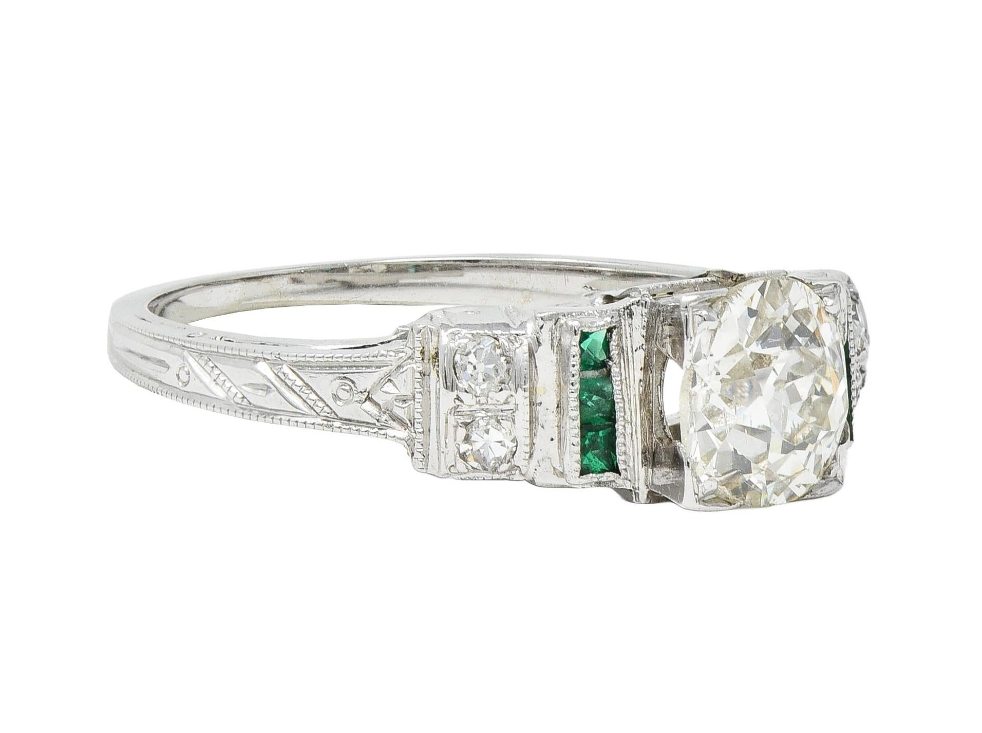 Mid-Century European Diamond Emerald 18 Karat White Gold Vintage Engagement Ring