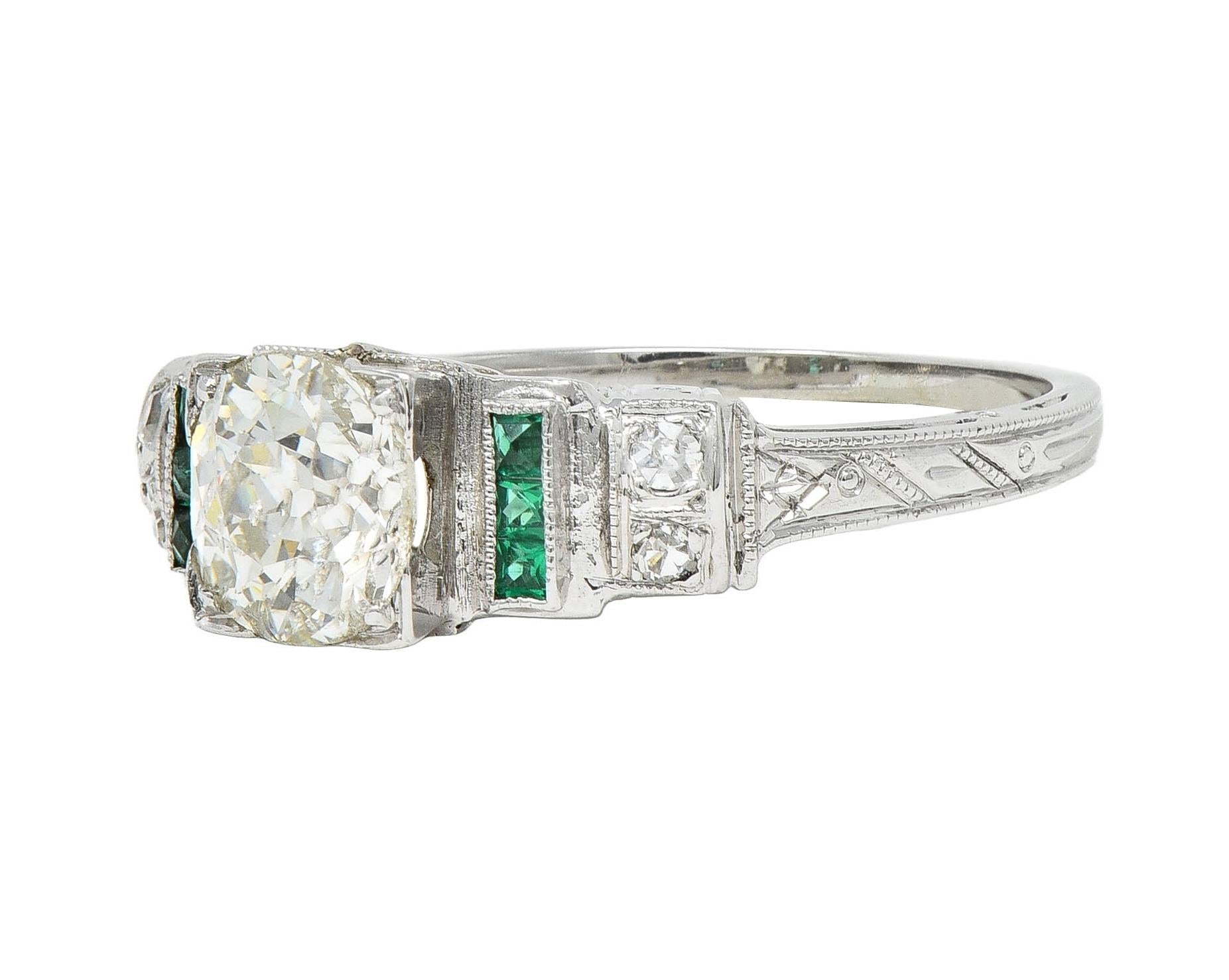 Mid-Century European Diamond Emerald 18 Karat White Gold Vintage Engagement Ring