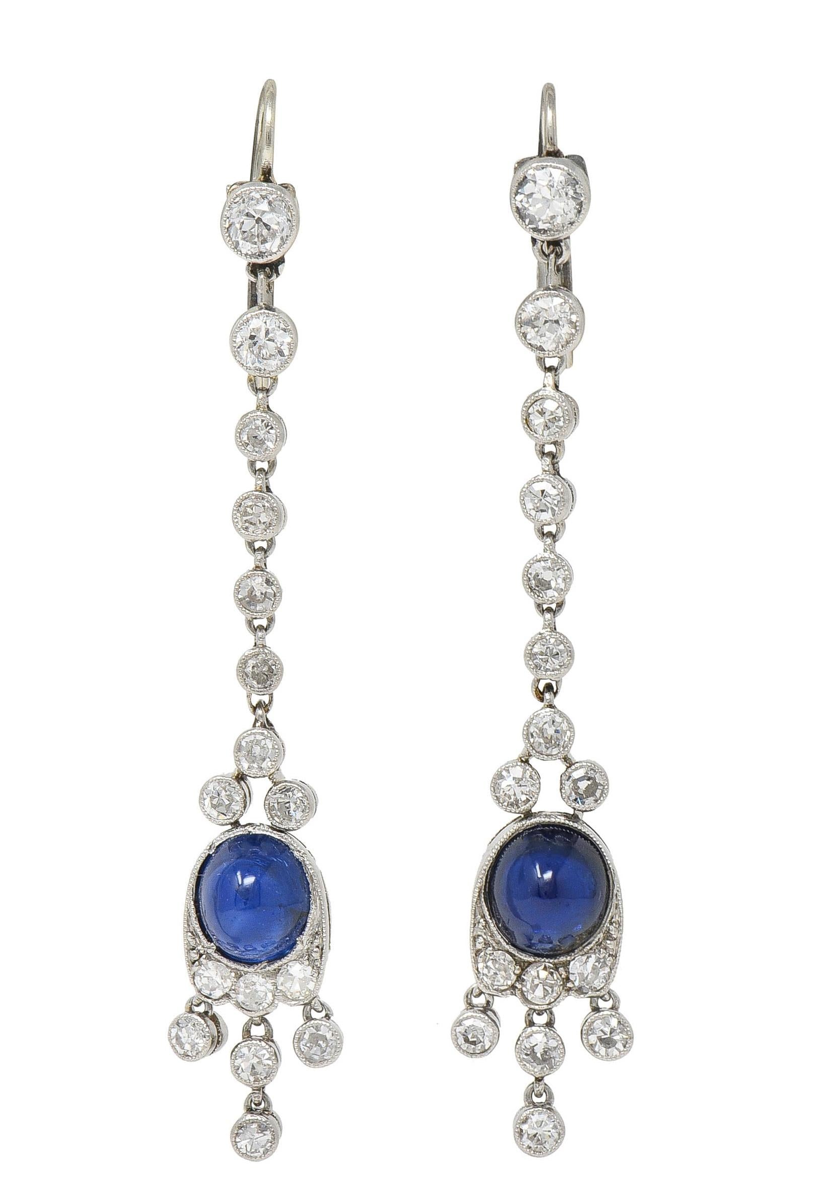 Art Deco 4.98 CTW Sapphire Cabochon Platinum Vintage Drop Earrings