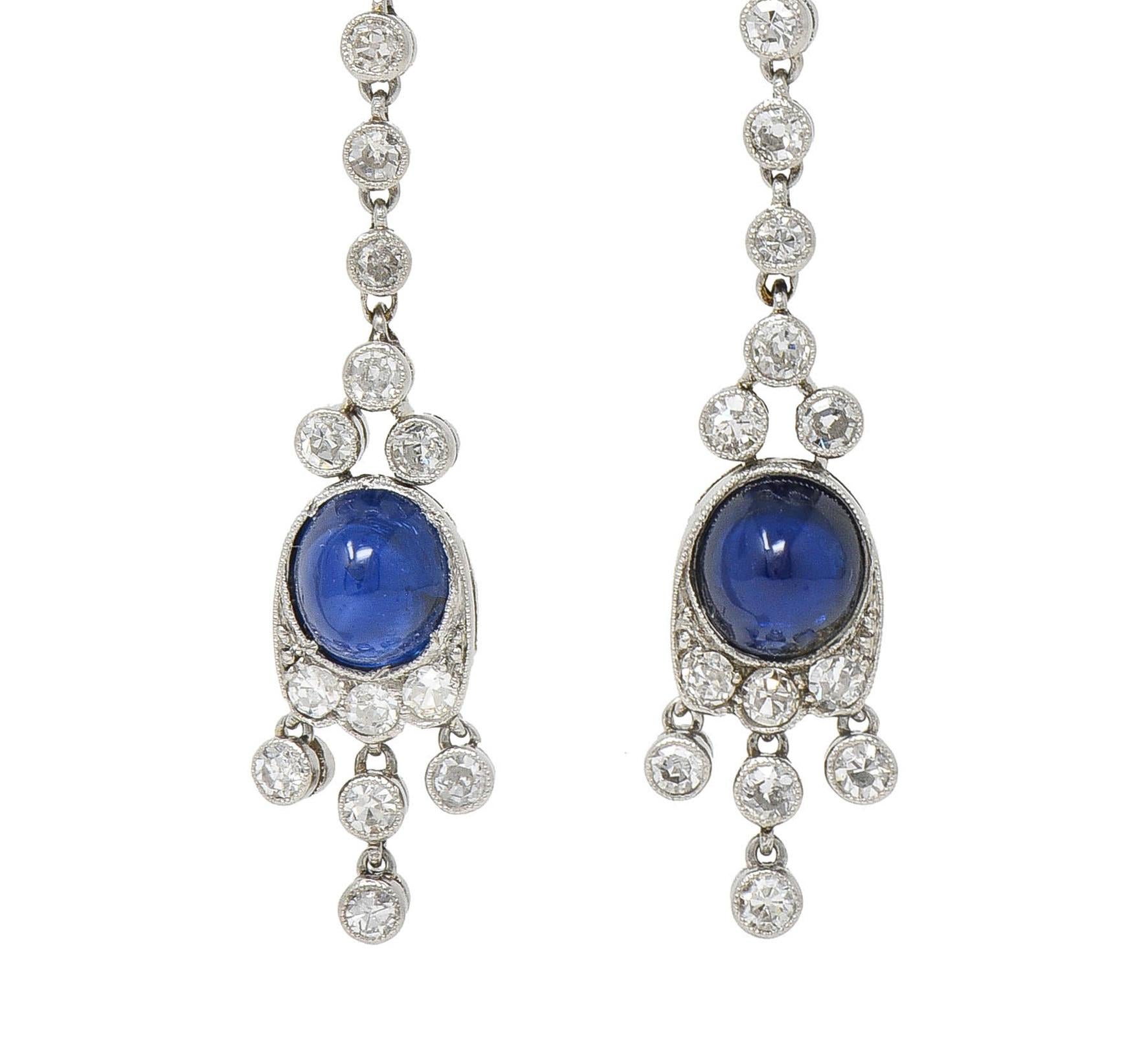 Art Deco 4.98 CTW Sapphire Cabochon Platinum Vintage Drop Earrings