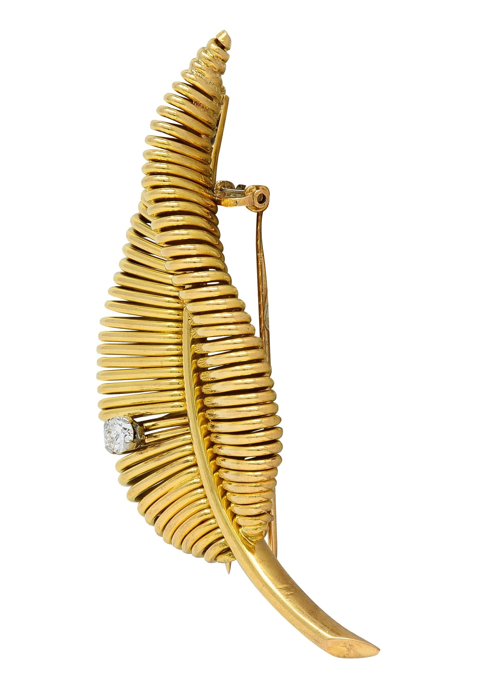 Mauboussin Paris Mid-Century Diamond Platinum 18 Karat Gold Vintage Leaf Brooch