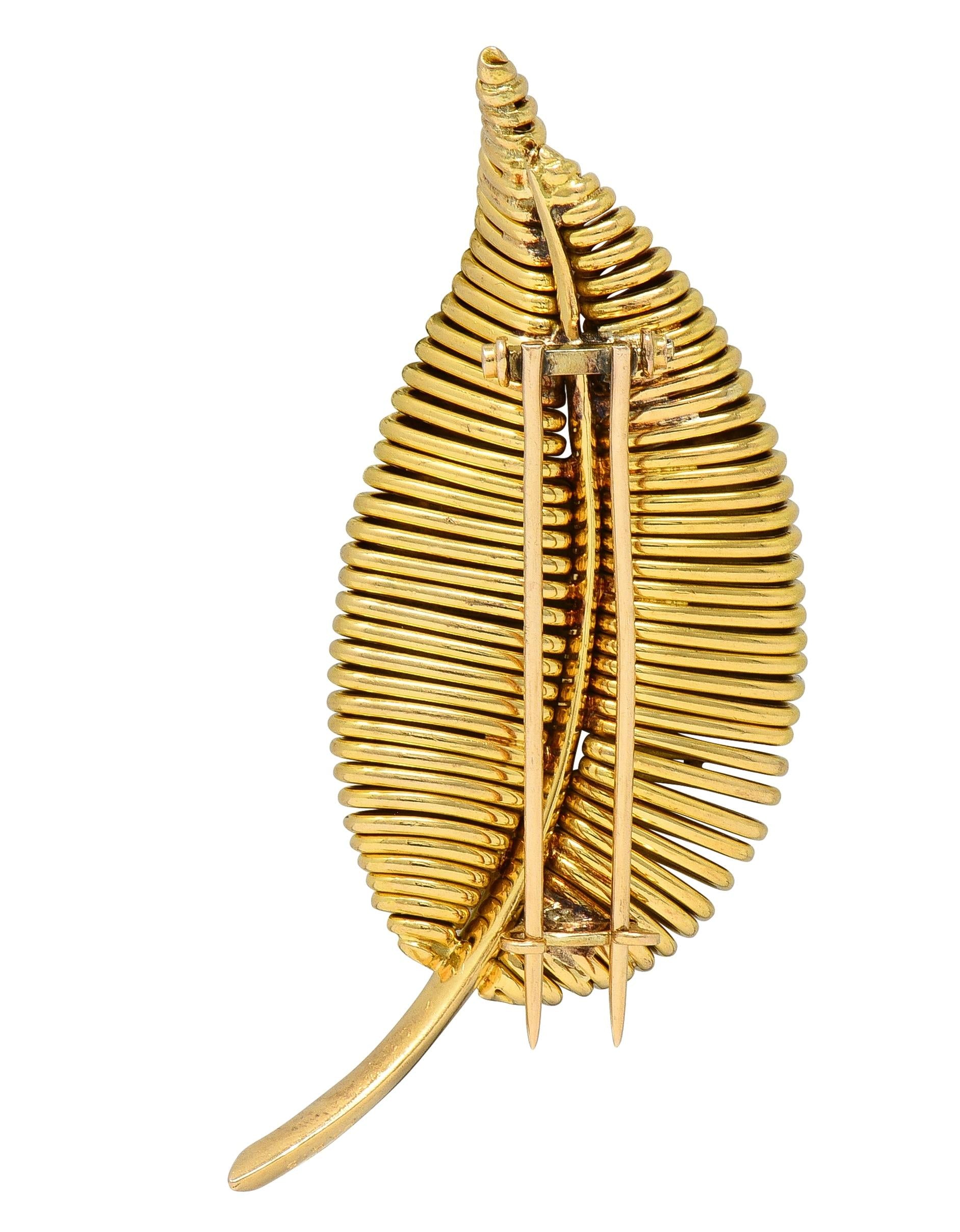 Mauboussin Paris Mid-Century Diamond Platinum 18 Karat Gold Vintage Leaf Brooch