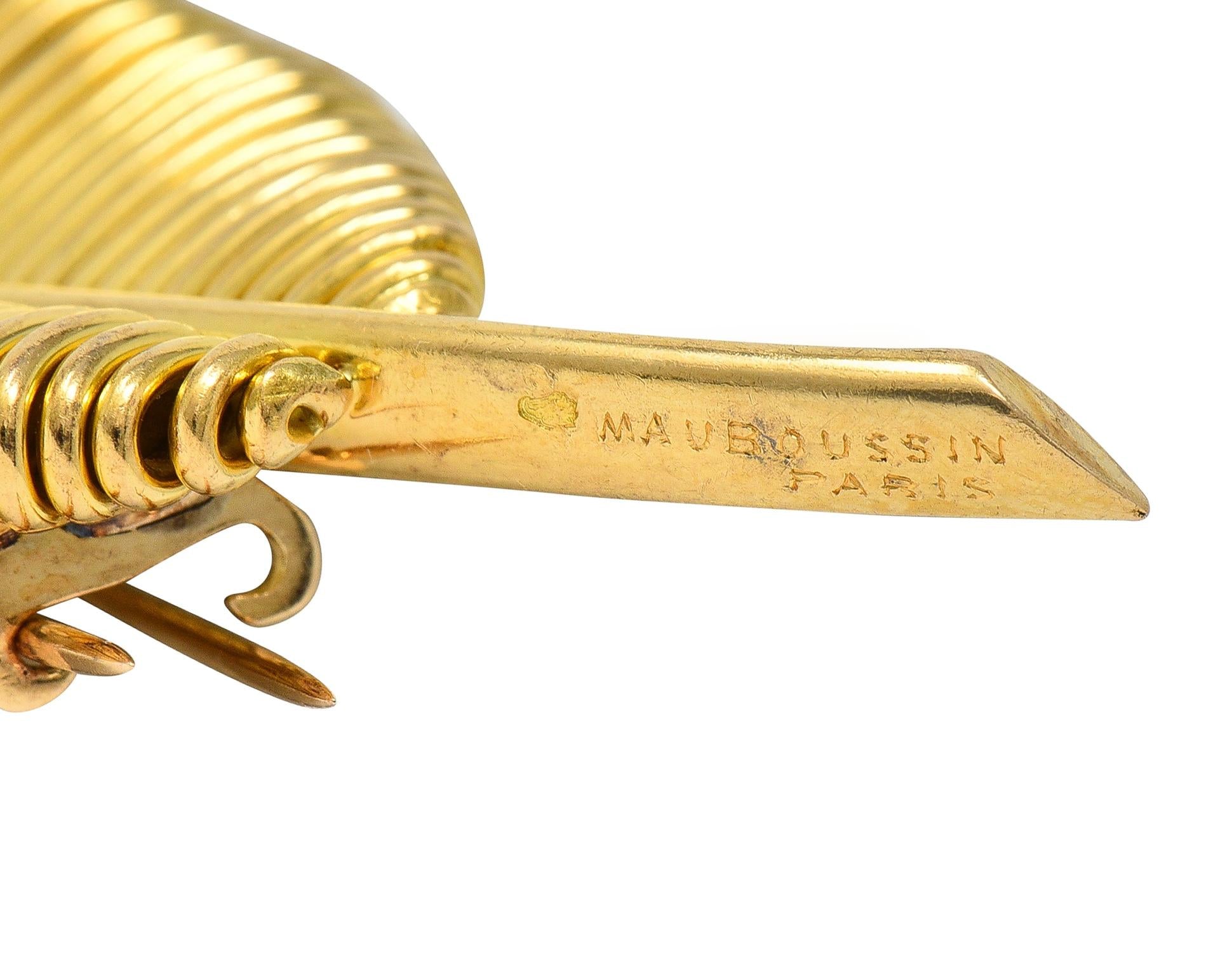 Mauboussin Paris Mid-Century Diamond Platinum 18 Karat Gold Vintage Leaf Brooch