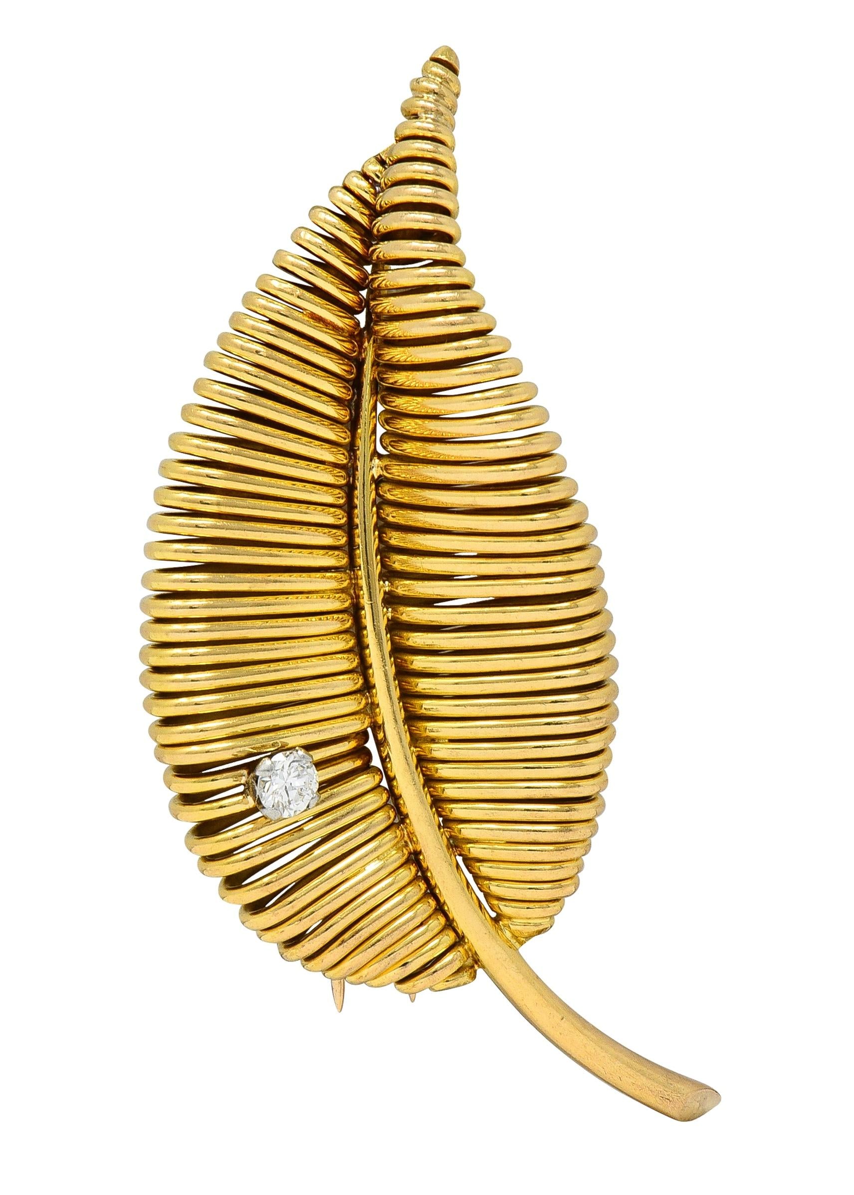 Mauboussin Paris Mid-Century Diamond Platinum 18 Karat Gold Vintage Leaf Brooch