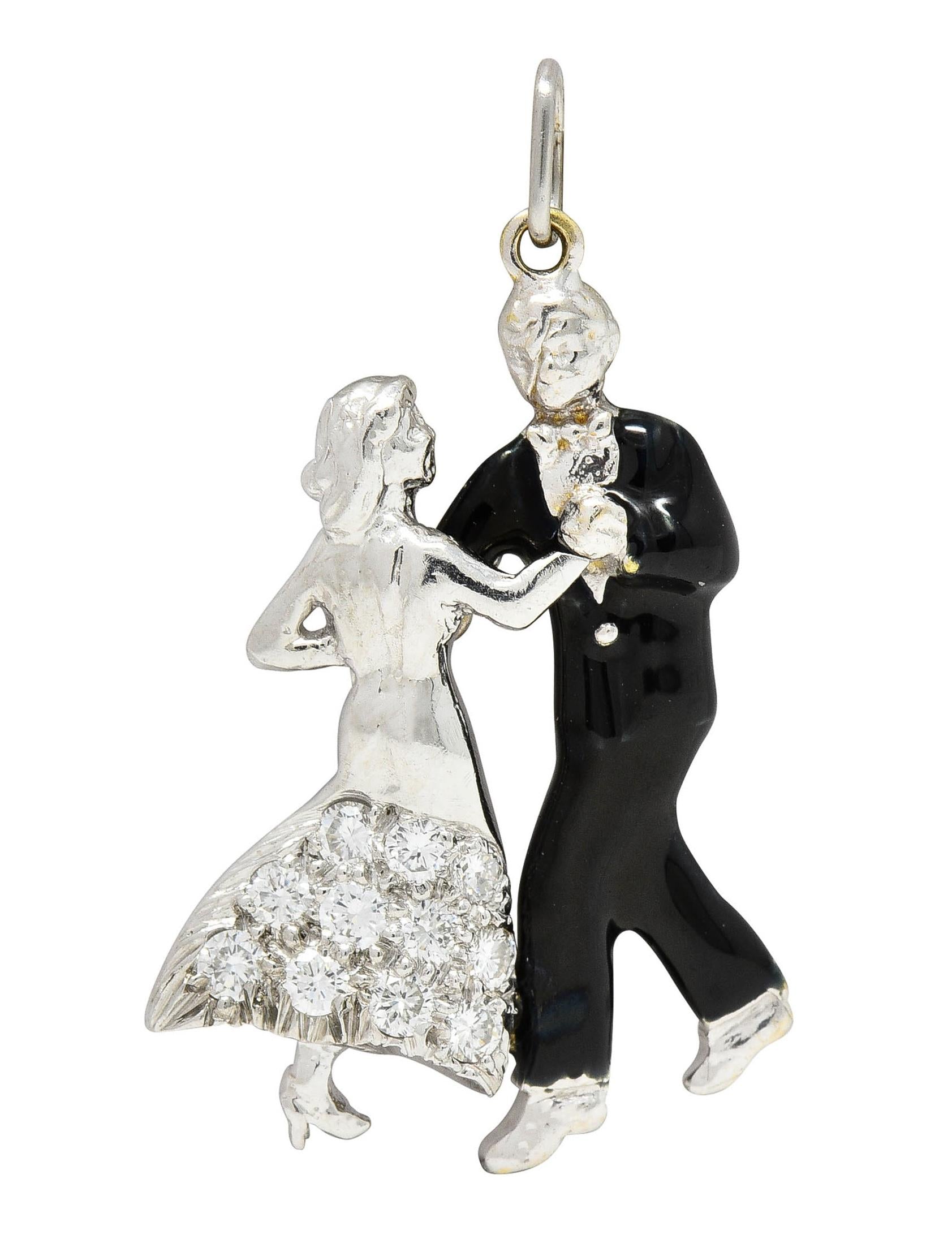 Mid-Century Diamond Enamel Platinum Vintage Dancing Couple Charm