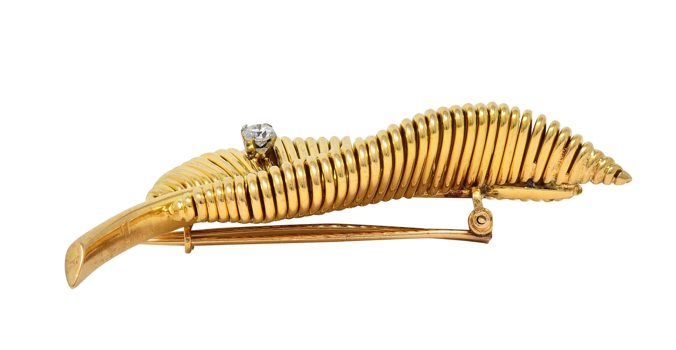 Mauboussin Paris Mid-Century Diamond Platinum 18 Karat Gold Vintage Leaf Brooch