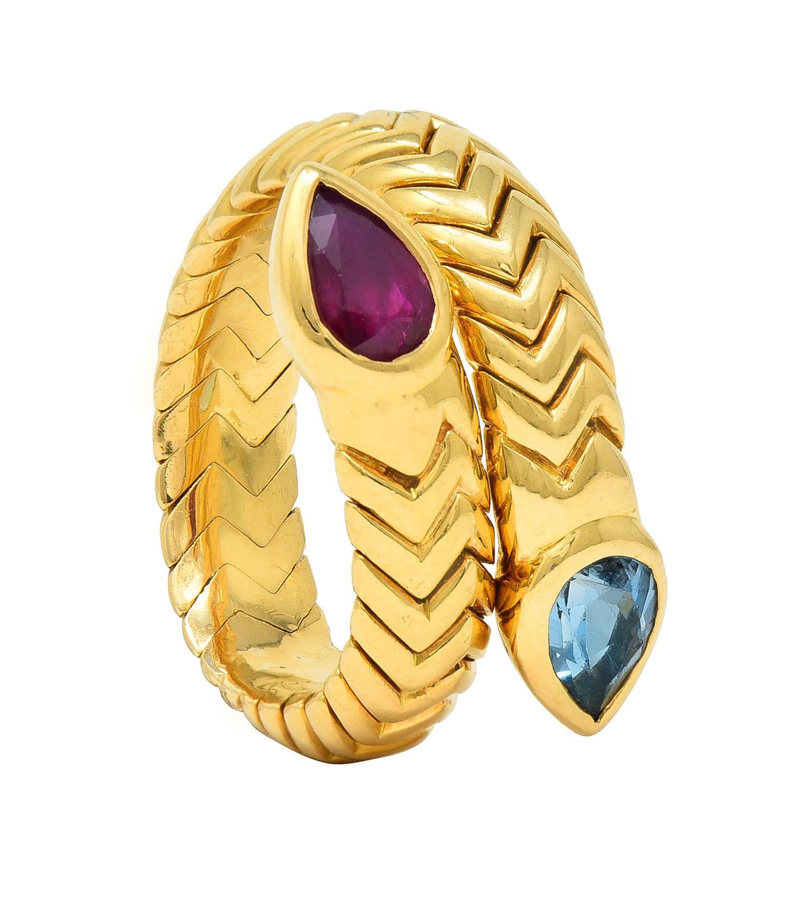 Bulgari Vintage Ruby Topaz 18 Karat Yellow Gold Spiga Tubogas Bypass Ring