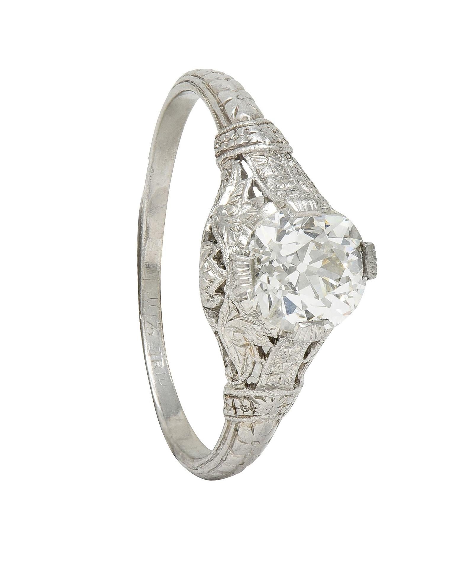 Art Deco 0.99 CTW European Diamond Platinum Lotus Antique Engagement Ring GIA