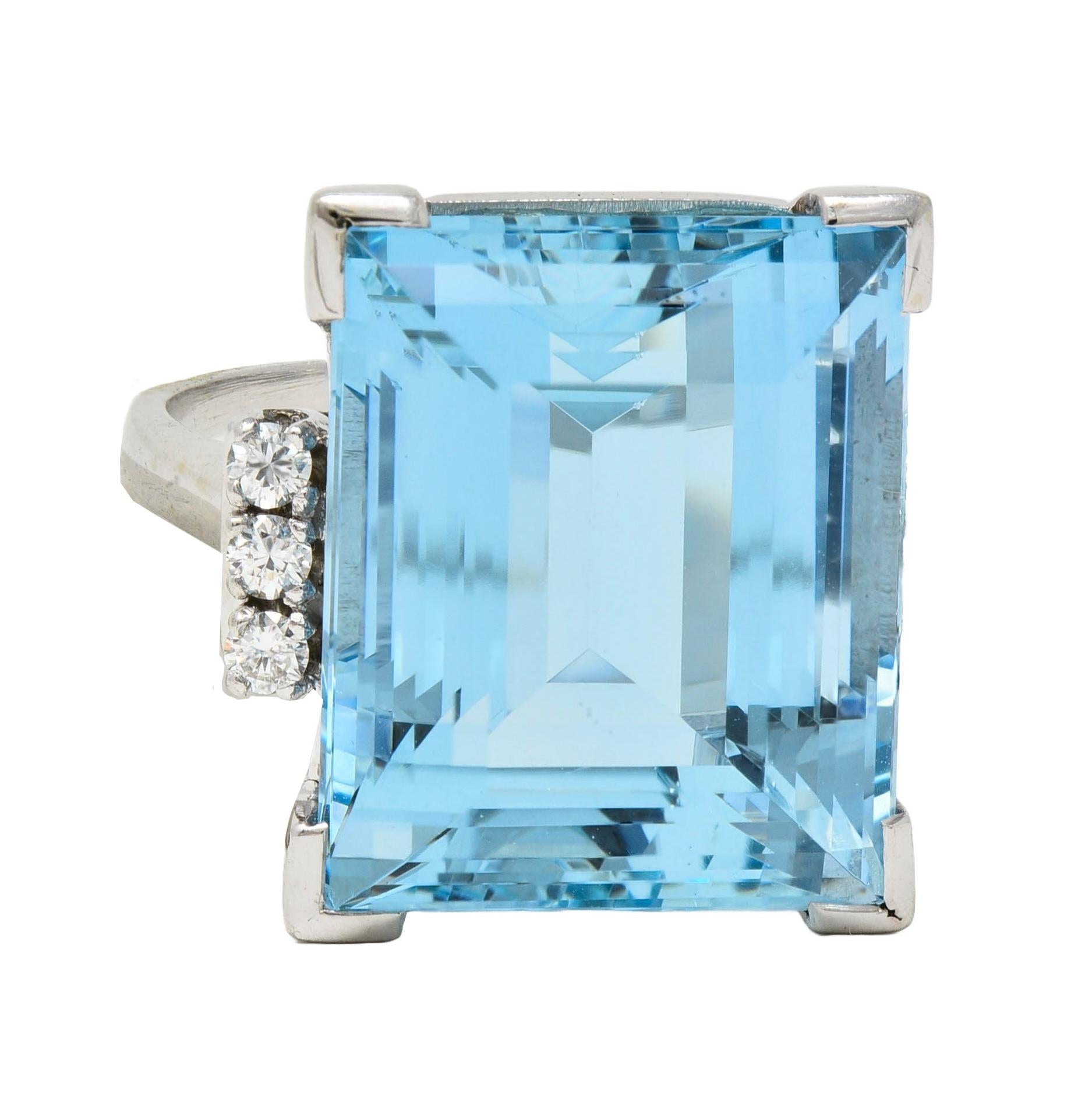 Mid-Century 19.50 CTW Aquamarine Diamond 18K White Gold Vintage Cocktail Ring